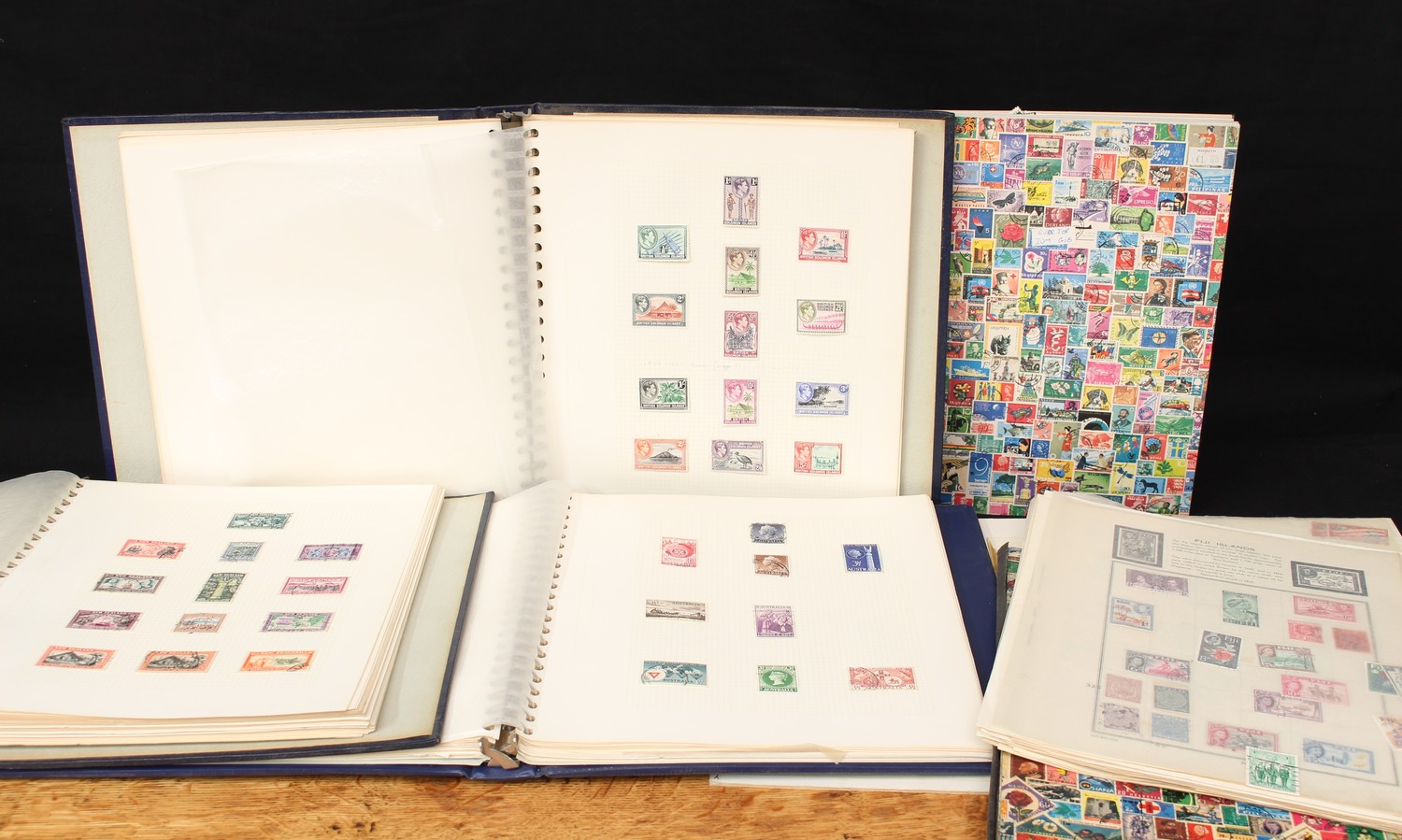 Stamps - box of albums and binders, New Zealand, Australia, Pacific, etc, GVI - QEII loose or mint sets, etc