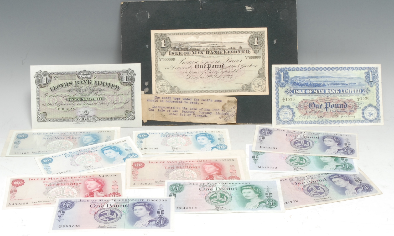 Banknotes, GB, Isle of Man: Isle of Man Bank Limited £1, No. 1530, Douglas, 2nd February 1959, signed, (1); another, unissued proof?, No. 000000, 9th July 1924, not signed, mounted, (1); others, later, Elizabeth II, 10/- (2); various £1 (5); fifty new pence (3); etc