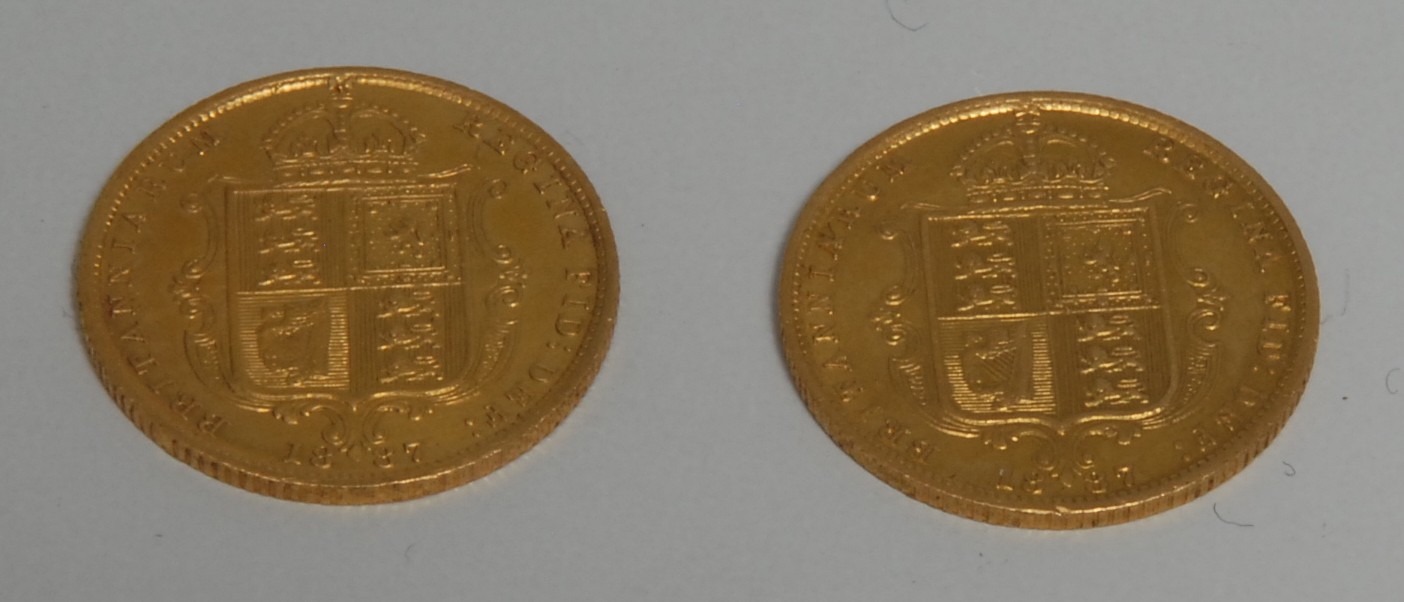 Coins, GB, Queen Victoria, 1887 Golden Jubilee, two gold half-sovereigns, 8g, [2]