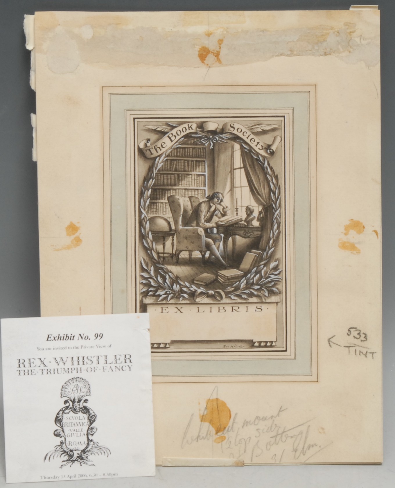 Rex Whistler (1904-1944) Original Artwork Design for a Bookplate, The Book Society/Ex Libris, an 18th century gentleman reads in a library of c. 1770, within a laureate wreath, ribbon-tied feather and scroll cresting signed and titled, watercolour on paper, picked-out in body colour, 16cm x 11.3cm, [Whistler & Fuller 597], [1]  Exhibited at Rex Whistler: The Triumph of Fancy, Brighton Museum and Art Gallery, April to September 2006, No. 99.