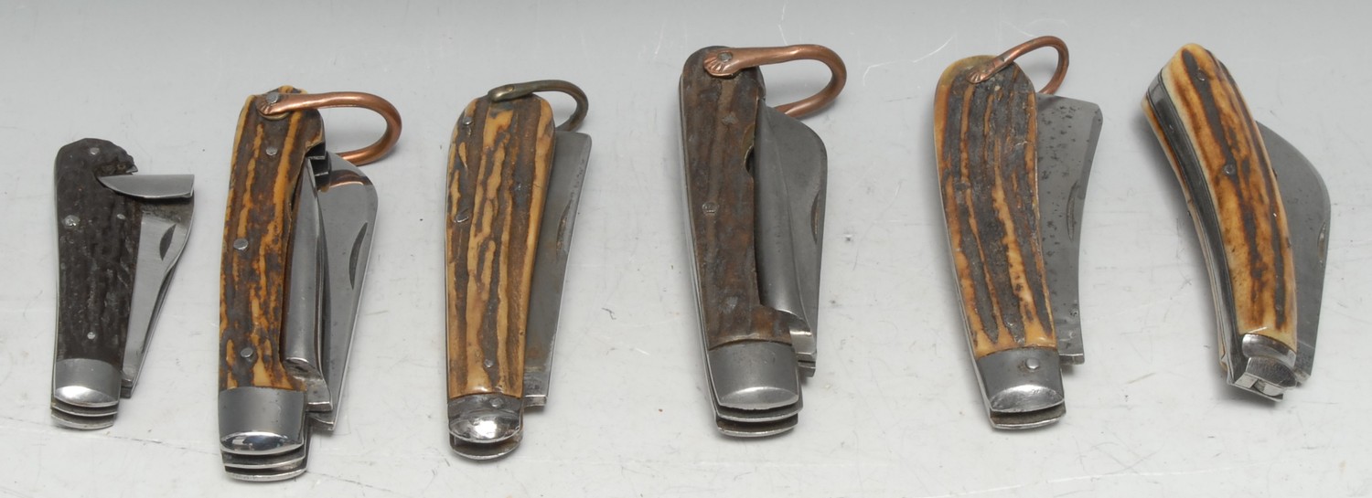 Machirology - a 19th century pocket, the 9cm blade marked Joseph Rodgers & Sons, No.6 Norfolk St, Sheffield, two-piece stag antler grip, 20cm long (open); another, with marlin spike, by Walker & Hall; others, Thomas Turner & Co Encore; George Wostenholm; others (6)