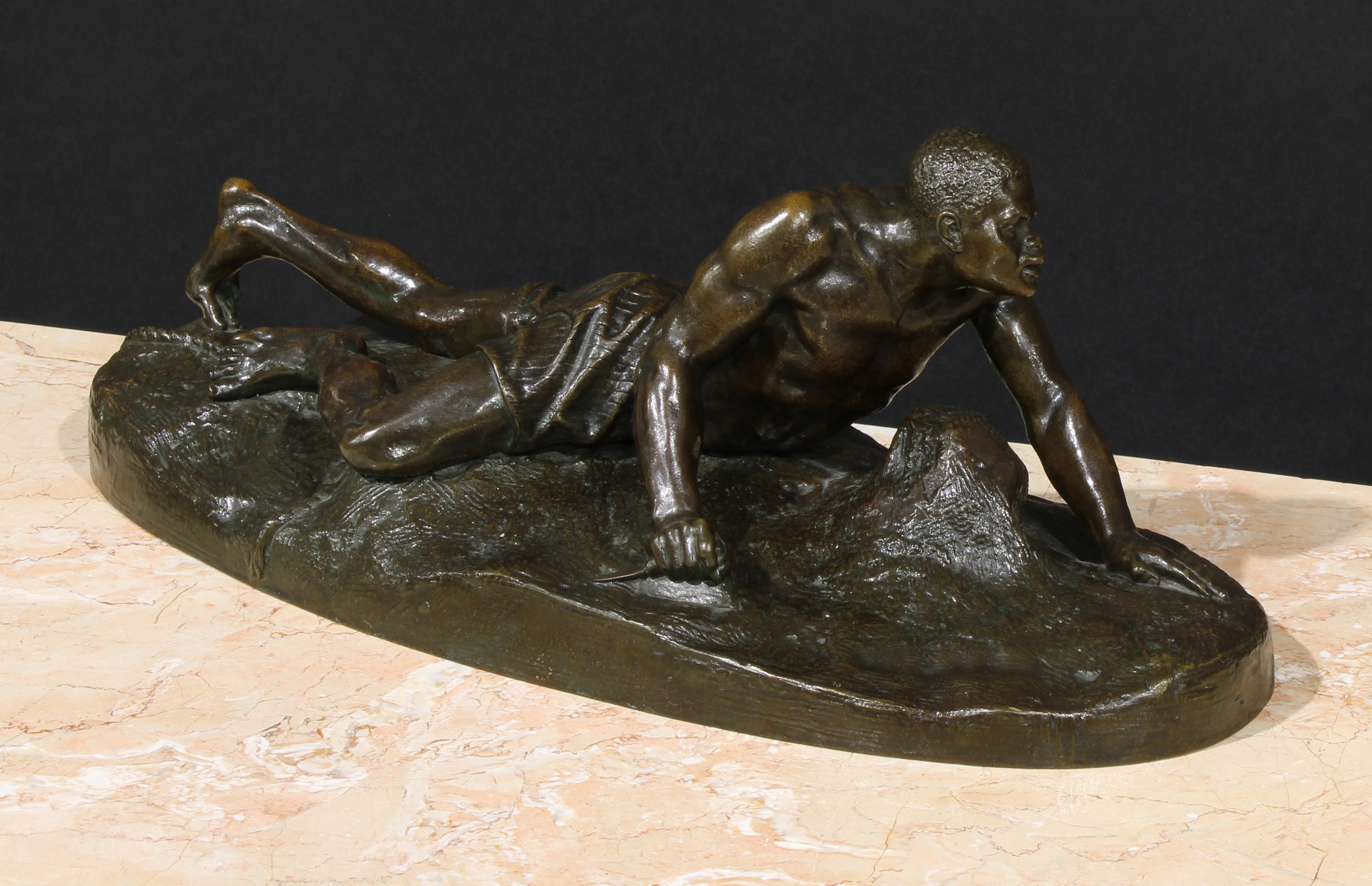 Anton van Wouw (1862-1945), by, Victor Van Hove (Belgian, 1826-1891), after, a dark patinated bronze, La Vengeance de L'Esclave, the base impressed Fond. Nisini, Roma, A. van Wouw, S.A. Joh-burg - 1907., 42cm wide  Anton van Wouw is well known for his portraits of the Shangaan, the indigenous people who lived in southern Mozambique and in the Northern Transvaal or Limpopo province of South Africa. He produced numerous small-scale sculptures, mainly of Boer and African figures, that were cast to order by the Giovanni Nisini and Galileo Massa foundries in Rome.