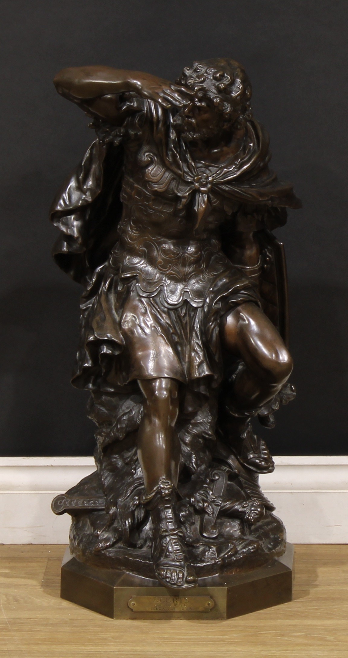 Auguste Moreau (French, 1834-1917), a large brown patinated bronze, Perseus, signed in the maquette, the integral base with plaque inscribed ALERTE PAR AUG. MOREAU MEDAILLE D’OR, 71cm high