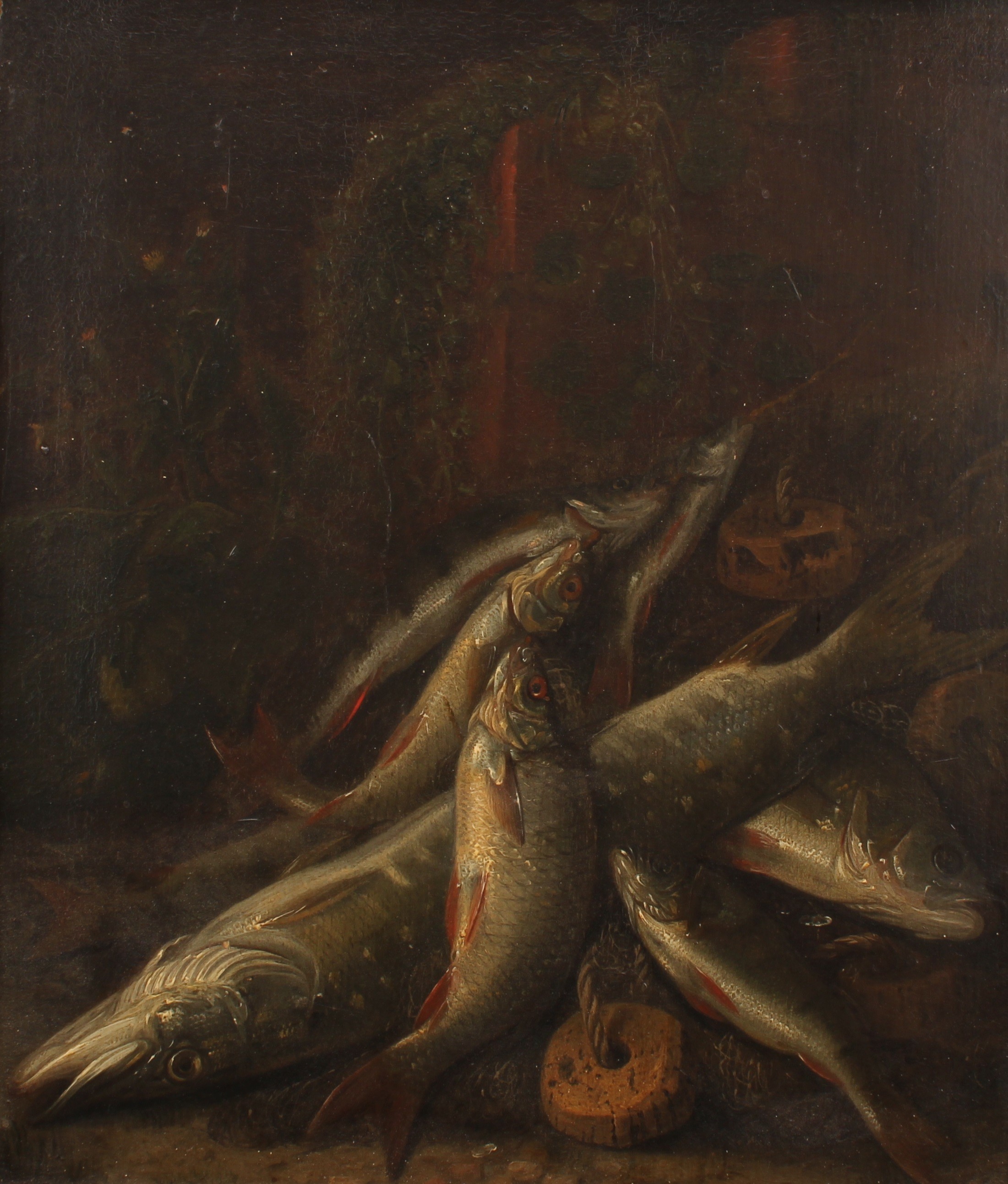 Paolo Antonio Barbieri (1603-1649) Still life, The Days Creel, coarse fish on the bank, Pike, Perch and Rudd, oil on panel, 37.5cm x 32.5cm, framed with country house collection number '242'