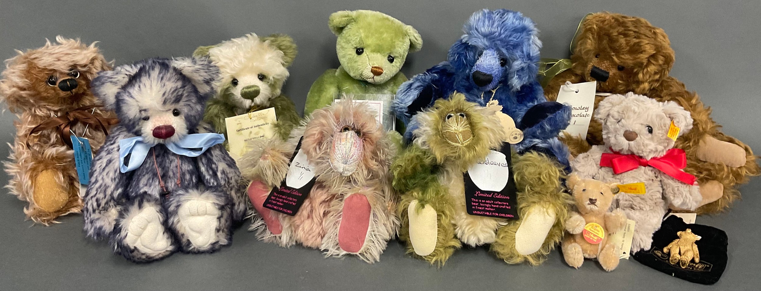 Teddy Bears - Steiff ( Germany) EAR 113413, Honey Teddy, 15cm, knopf with tag in red and yellow, paper labels attached; a miniature Steiff bear, EAR 030055, jointed, 10cm, knopf with tag, tags attached; a miniature Steiff jointed metal bear, 5cm soft pouch; artist teddy bears, including, Bearability, by Kim, Bowley Chocolate, limited edition 1/1, 27cm, paper label; Keli-B Bears, Chocolate Swirl, 1/1, paper label; Burlington Bears, by Tania Fish, Zinia, 1/1 and Greensleeves, 1/1; Isabell Bears; Mollie Hubbard; Bearalicious Bears, Sam; etc (11)