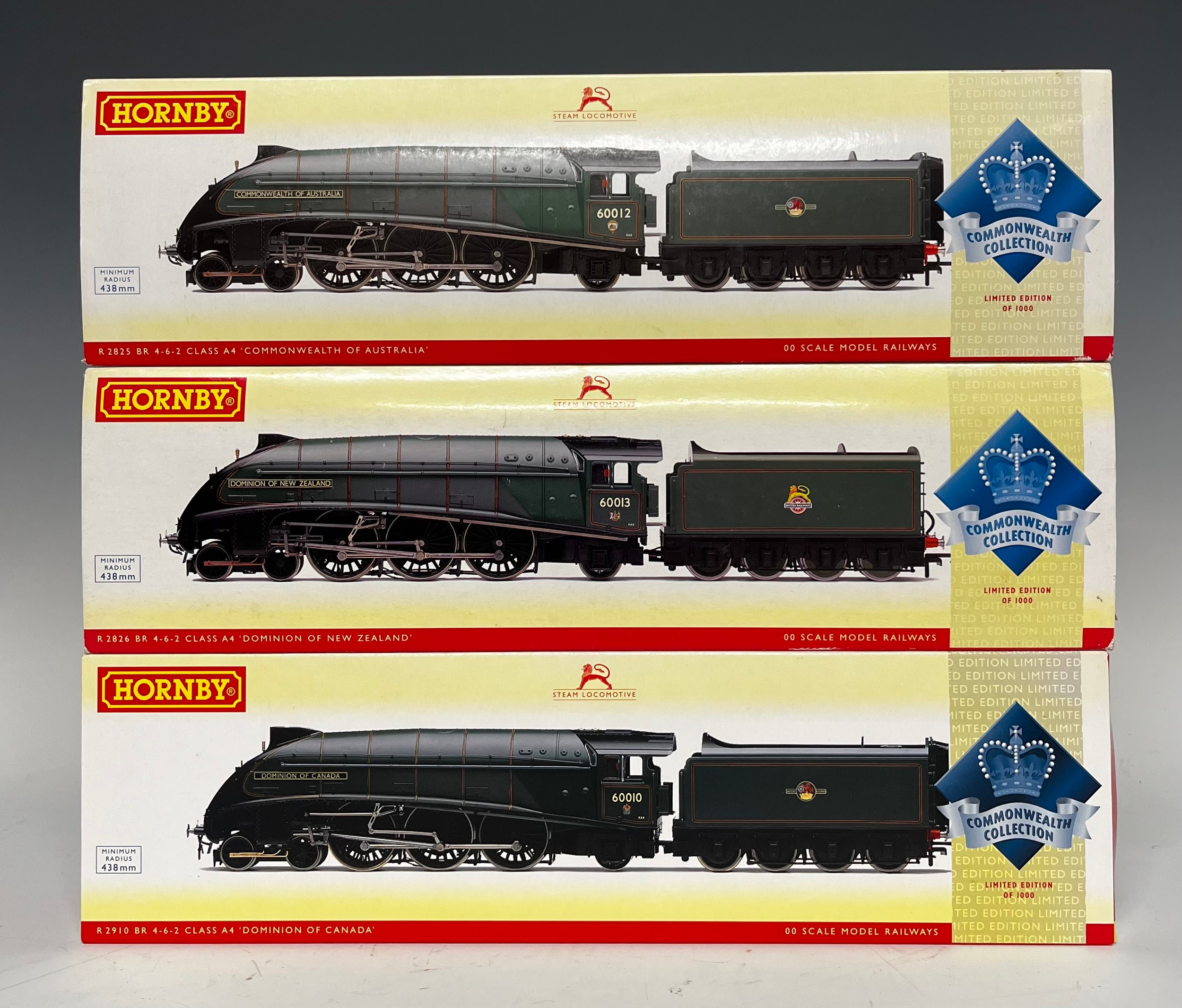 Hornby Model Railways - R2826 BR 4-6-2 Class A4 'Dominion of New Zealand' locomotive, Commonwealth Collection, limited edition 599/1000, 00 gauge, boxed and outer sleeve; R2910 BR 4-6-2 Class A4 'Dominion of Canada' locomotive, Commonwealth Collection, limited edition 857/1000, 00 gauge, boxed and outer sleeve; R2825 BR 4-6-2 Class A4 'Commonwealth of Australia' locomotive, Commonwealth Collection, limited edition 310/1000, 00 gauge, boxed and outer sleeve (3)