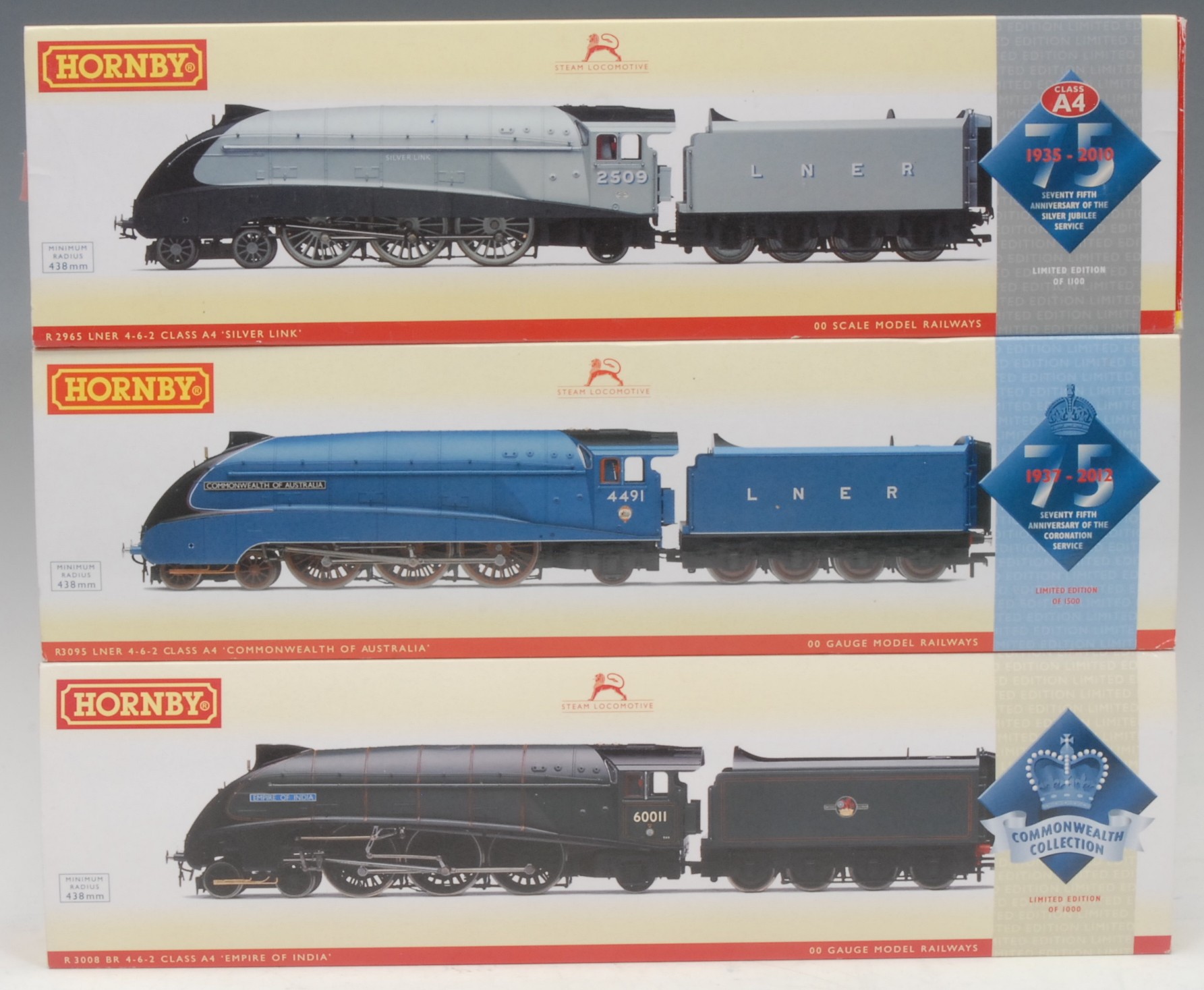 Hornby Model Railways - R2965 LNER 4-6-2 Class A4 'Silver Link', Seventy Fifth Anniversary of the Silver Jubilee Service, limited edition 206/1100, 00 gauge, boxed and outer sleeve; R3008 BR 4-6-2 Class A4 'Empire of India' locomotive, Commonwealth Collection, limited edition 3/1000, 00 gauge, boxed and outer sleeve; R3095 LNER 4-6-2 Class A4 'Commonwealth of Australia' locomotive, Seventy Firth Anniversary of the Coronation Service, limited edition 631/1500, 00 gauge, boxed and outer sleeve (3)