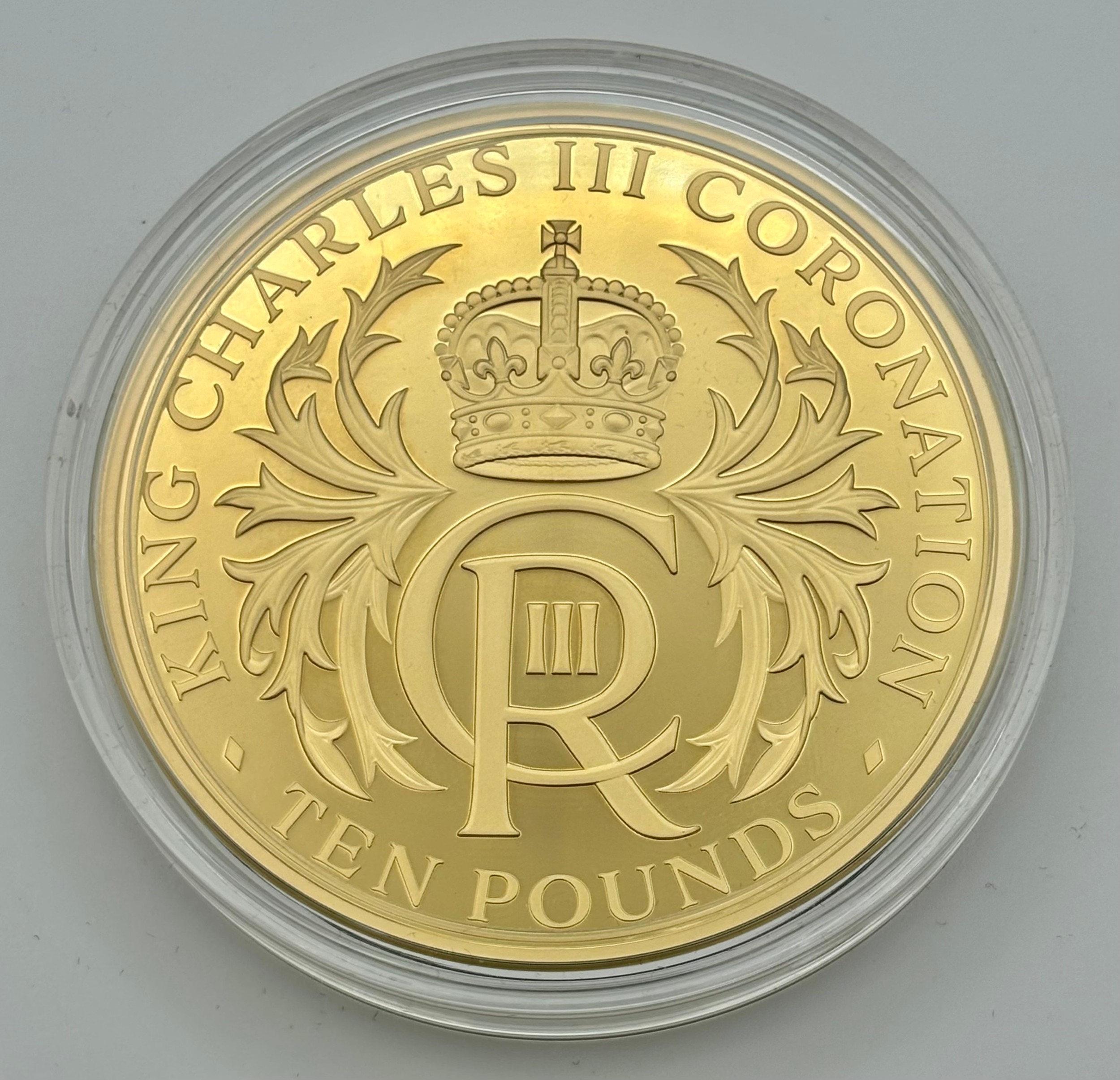 Gold proof coins - 22ct gold King Charles III Coronation ten pound 5oz coin, 155.53g, 2023, limited edition no 19/25, certificate of authenticity, lined case
