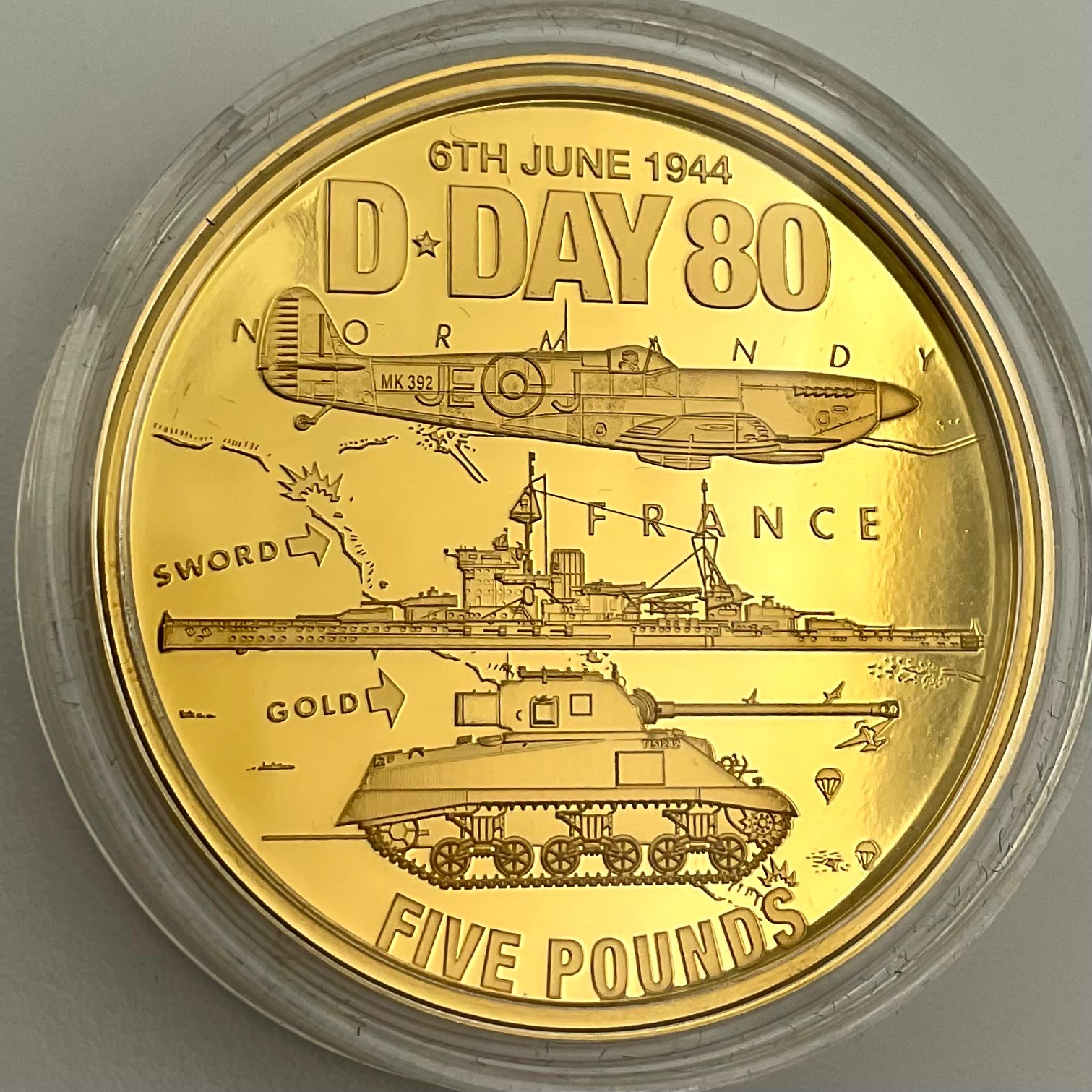 Gold proof coins - 24ct gold D-Day 80th Anniversary 3oz five pound coin, 95g, limited edition 12/15, 2024, certificate of authenticity, lined case and cardboard sleeve