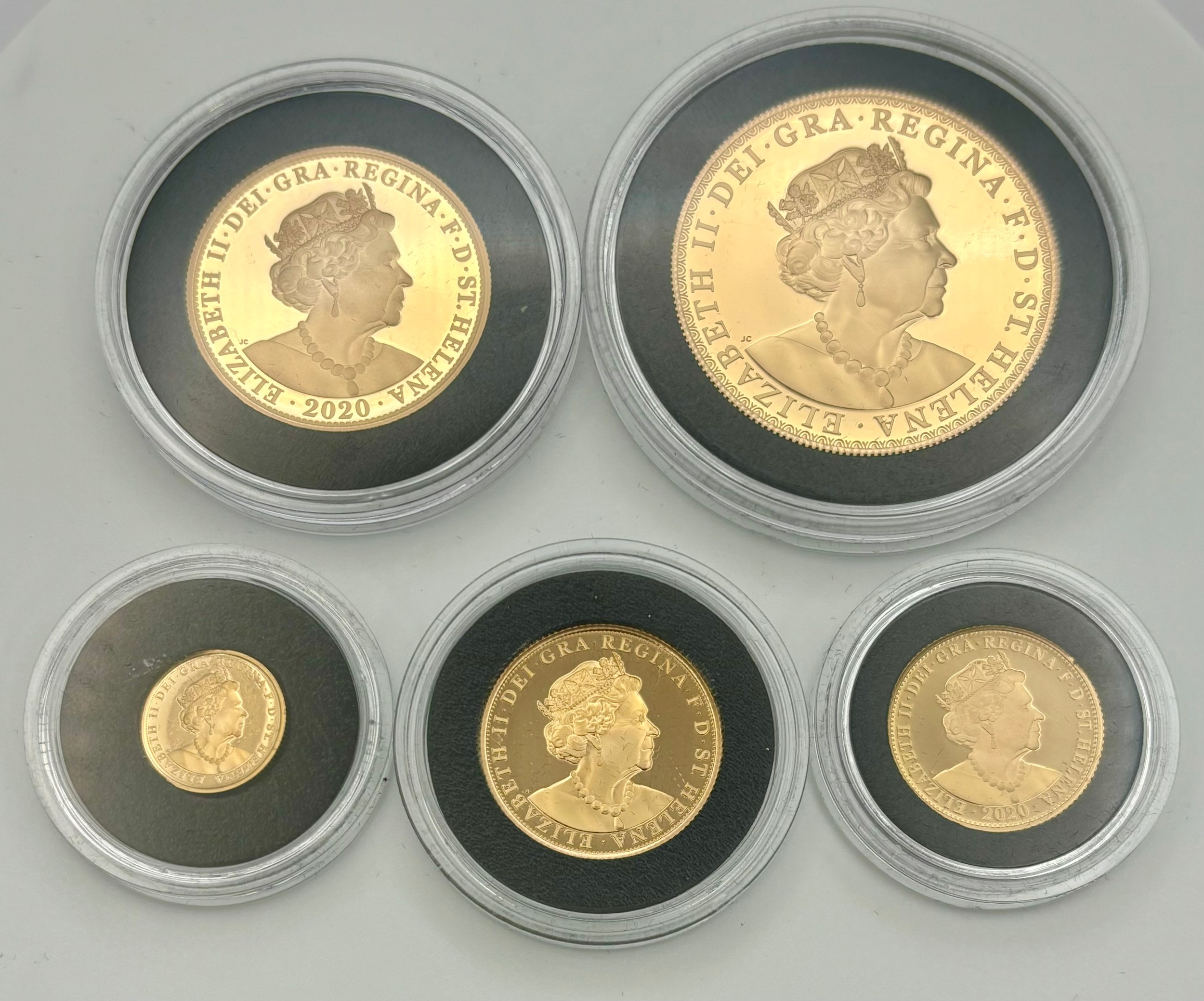 Gold Proof Coins - The East India Company London, 22ct gold King George III five coin set, comprising a five sovereign, 39.9g, double sovereign, 15.98g, sovereign, 7.98g, half sovereign, 3.99g and quarter sovereign, 2g, limited edition no 14/100, 2020, certificate of authenticity, lined case, cardboard sleeve and box