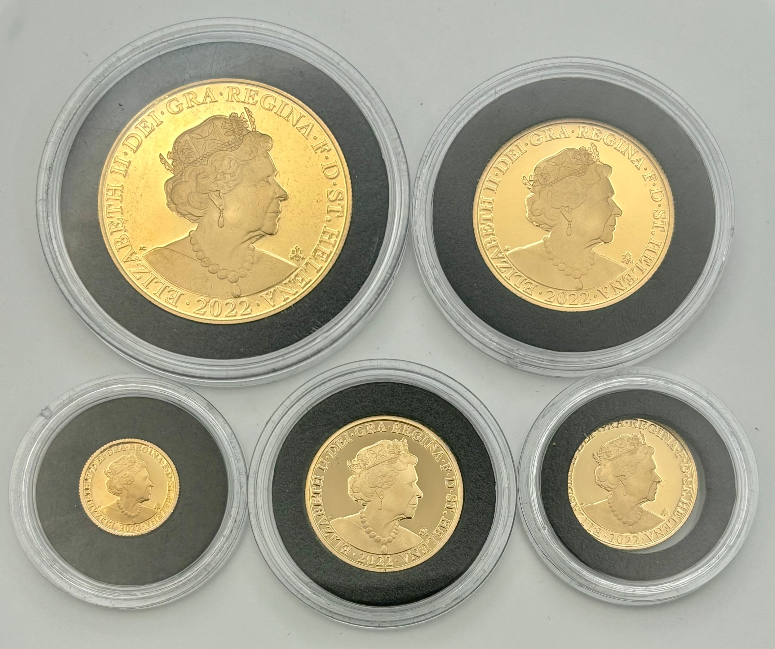 Gold proof coins - The East India Company London, 22ct gold five coin set, comprising a five sovereign, 39.9g, double sovereign, 15.98g, sovereign, 7.98g, half sovereign, 3.99g and quarter sovereign, 2g, limited edition no 27/70, 2022, certificate of authenticity, lined case, cardboard sleeve and box