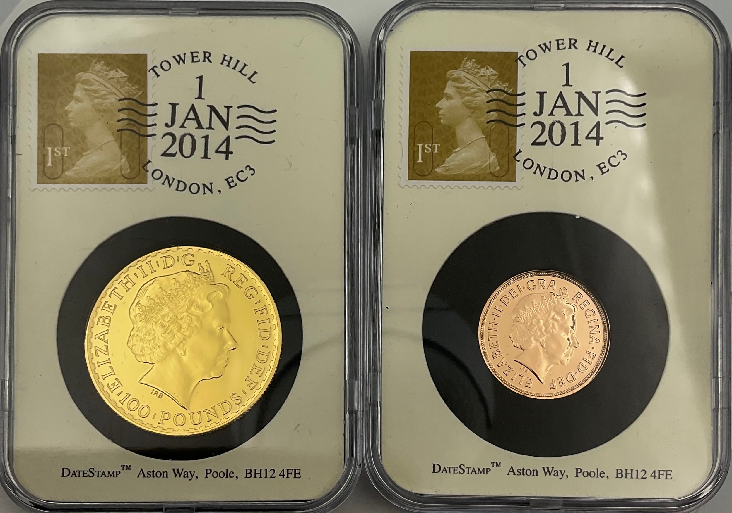 Gold proof coins - 24ct gold UK 100 pound 1oz coin, 31.1g; 22ct gold UK sovereign, 7.98g, lined case and cardboard sleeve