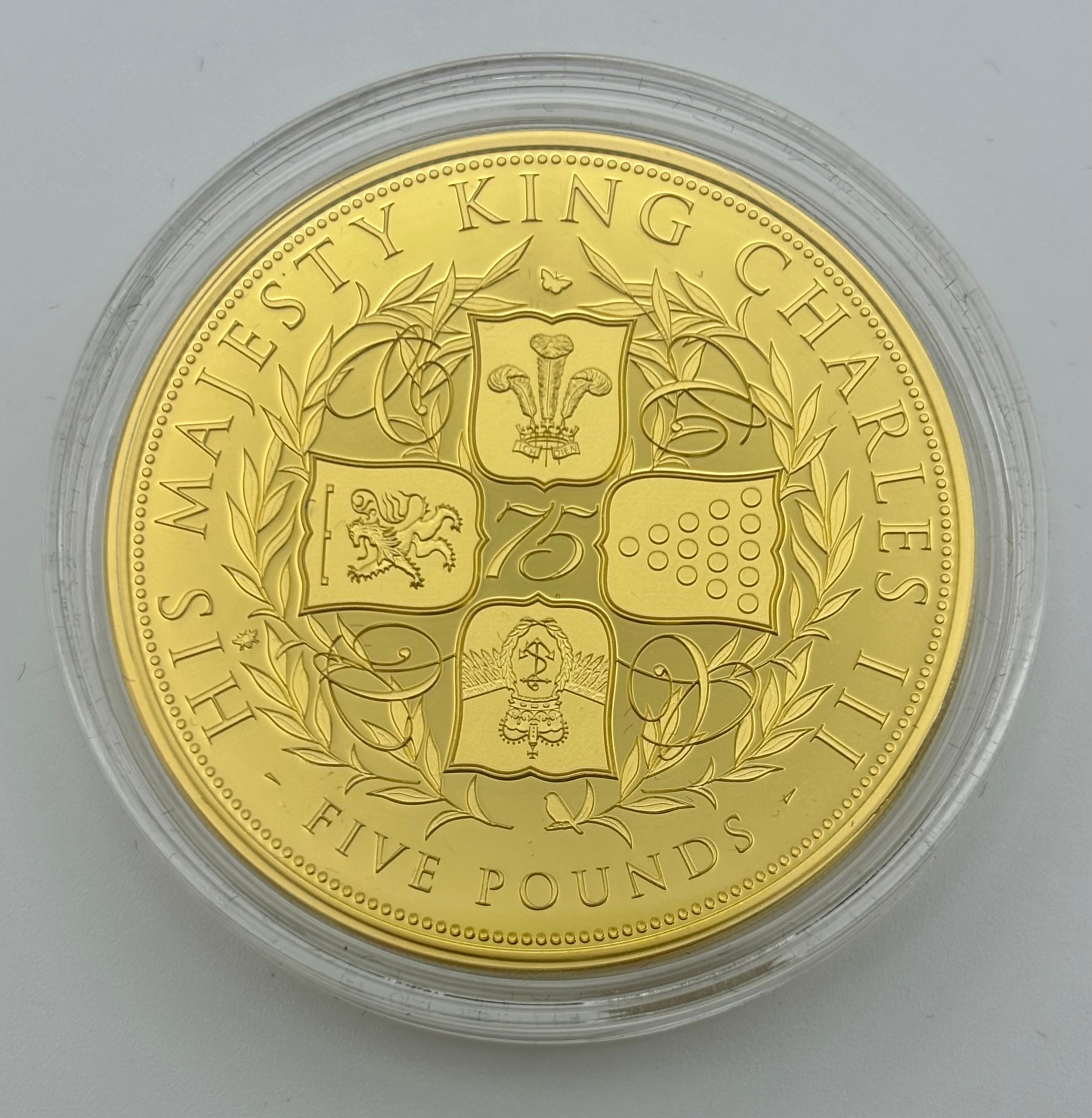 Gold proof coins - 24ct gold King Charles III 75th Birthday five pound coin, 31.1g, 2023, limited edition 21/30, certificate of authenticity, lined box and cardboard sleeve