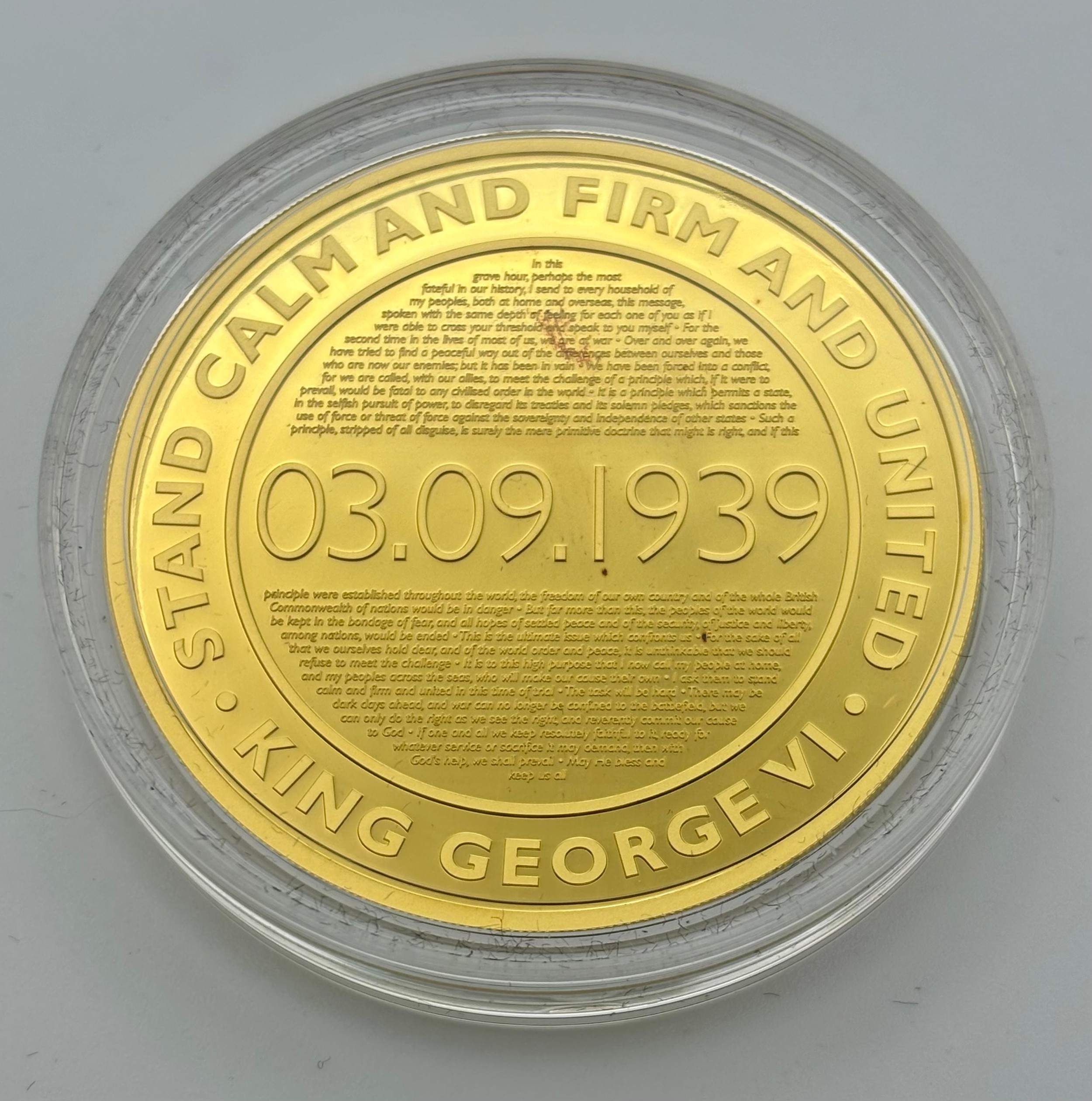 Gold proof coins - 24ct gold £5 coin, The 80th Anniversary of the King's Speech, 31.1g, limited edition 43/80, 2019, certificate of authenticity, lined case and cardboard sleeve