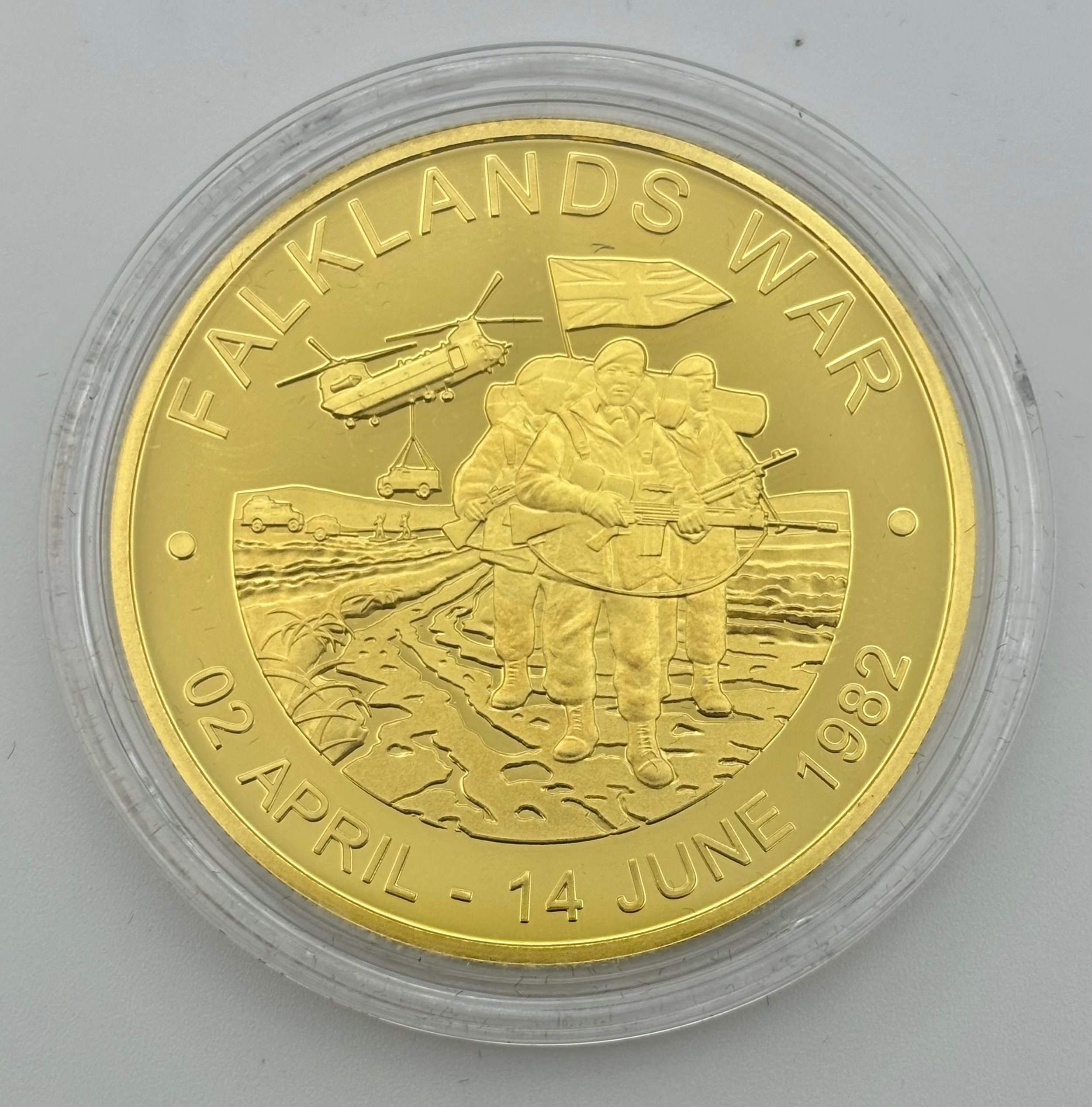 Gold proof coins - 24ct gold 1oz coin, The Falklands 40th Anniversary, 31.1g, limited edition 8/74, 2022, certificate of authenticity, lined case and cardboard sleeve