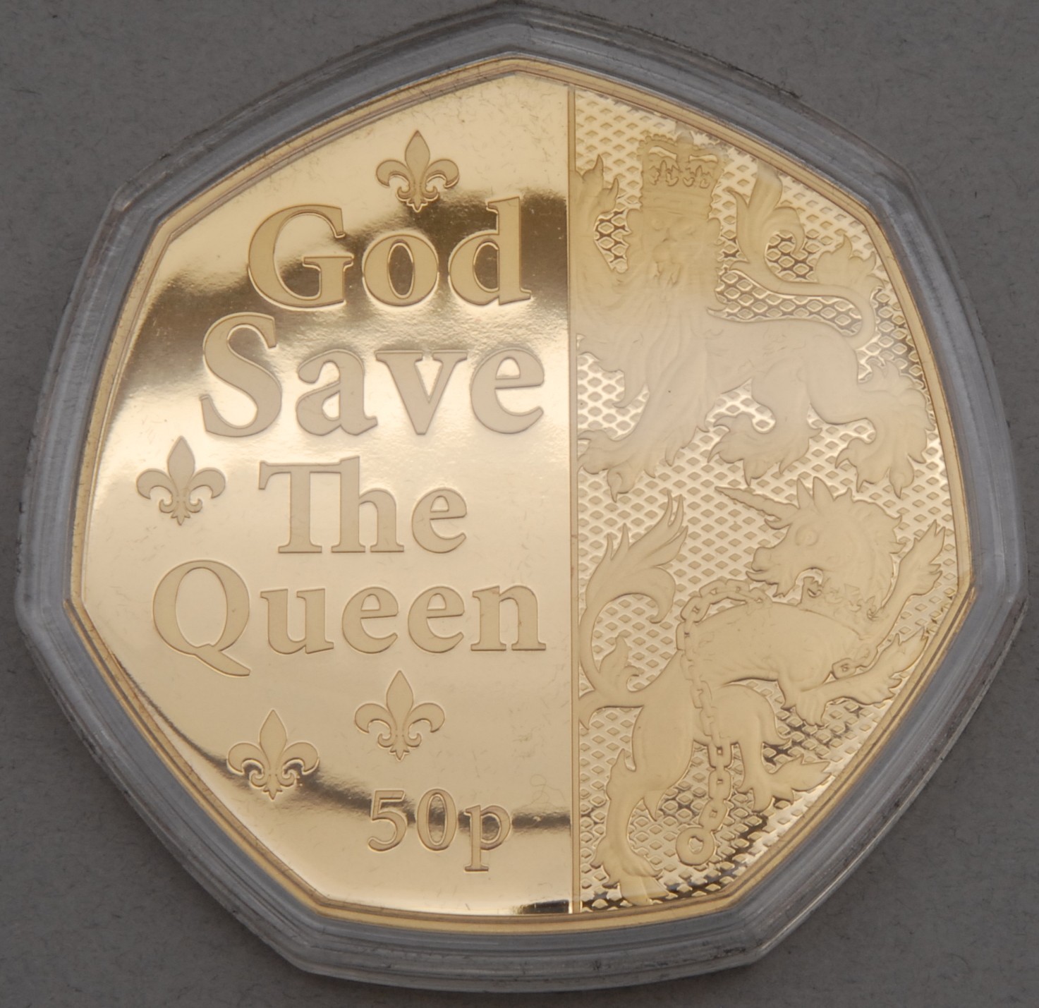 Gold proof coins - 24ct gold The Platinum Jubilee 'God Save the Queen' 1oz 50p coin, 31.1g, limited edition 67/70, 2022, certificate of authenticity, lined case and cardboard sleeve