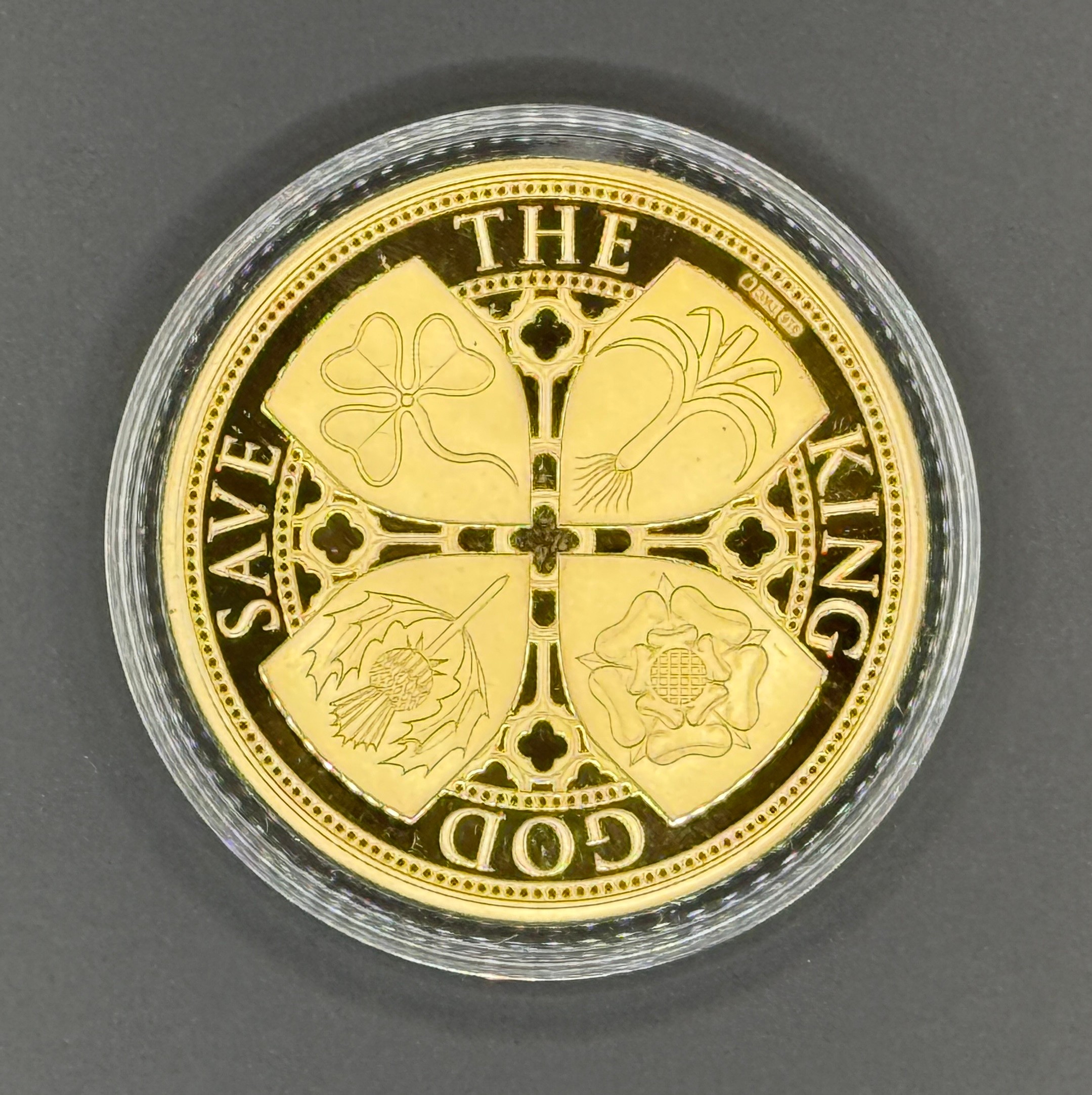 Gold proof coins - 22ct gold The Accession of the King 1oz coin, 31.1g, 2022, limited edition 3/73, 2022, lined case and cardboard sleeve