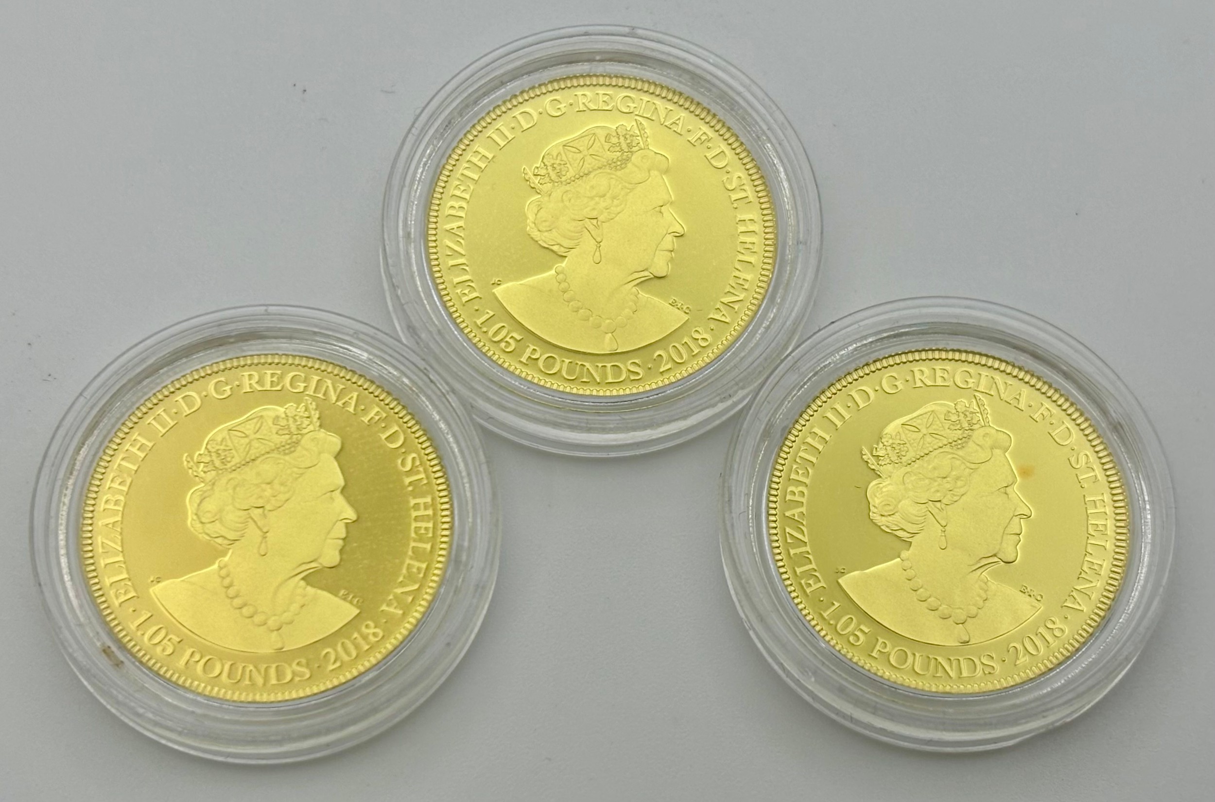 Gold proof coins - The East India Company London, 22ct gold Queen Elizabeth II Sapphire Jubilee Guinea Collection Three Coin Set, comprising three guineas, each 8.4g, limited edition 68/200, 2018, certificate of authenticity, lined case and cardboard box