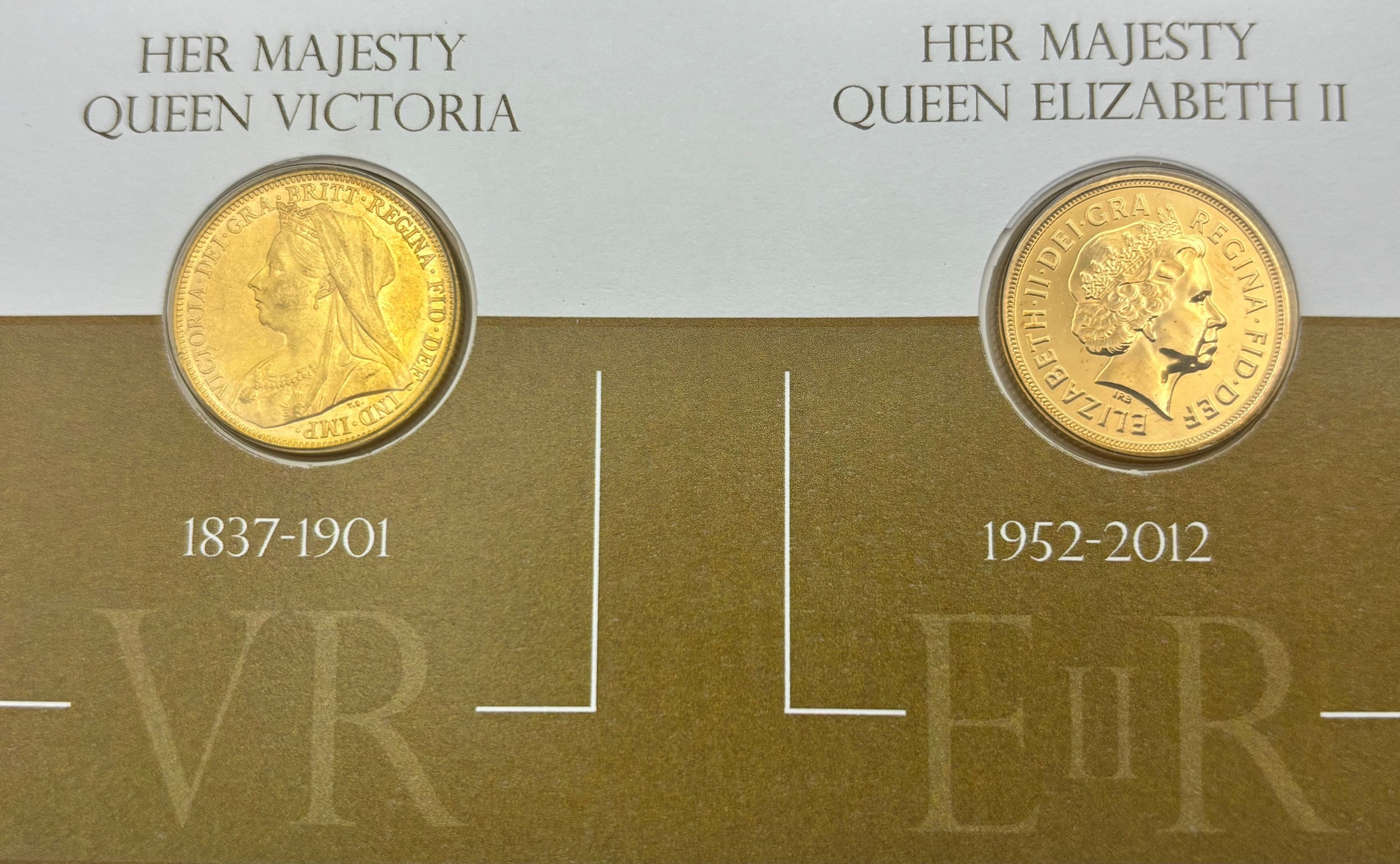 Gold proof coins - Westminster, 22ct gold The Diamond Jubilee Monarchs Presentation Cover, each 7.98g, 1897 and 2012, limited edition 8/60, certificate of authenticity, folio case