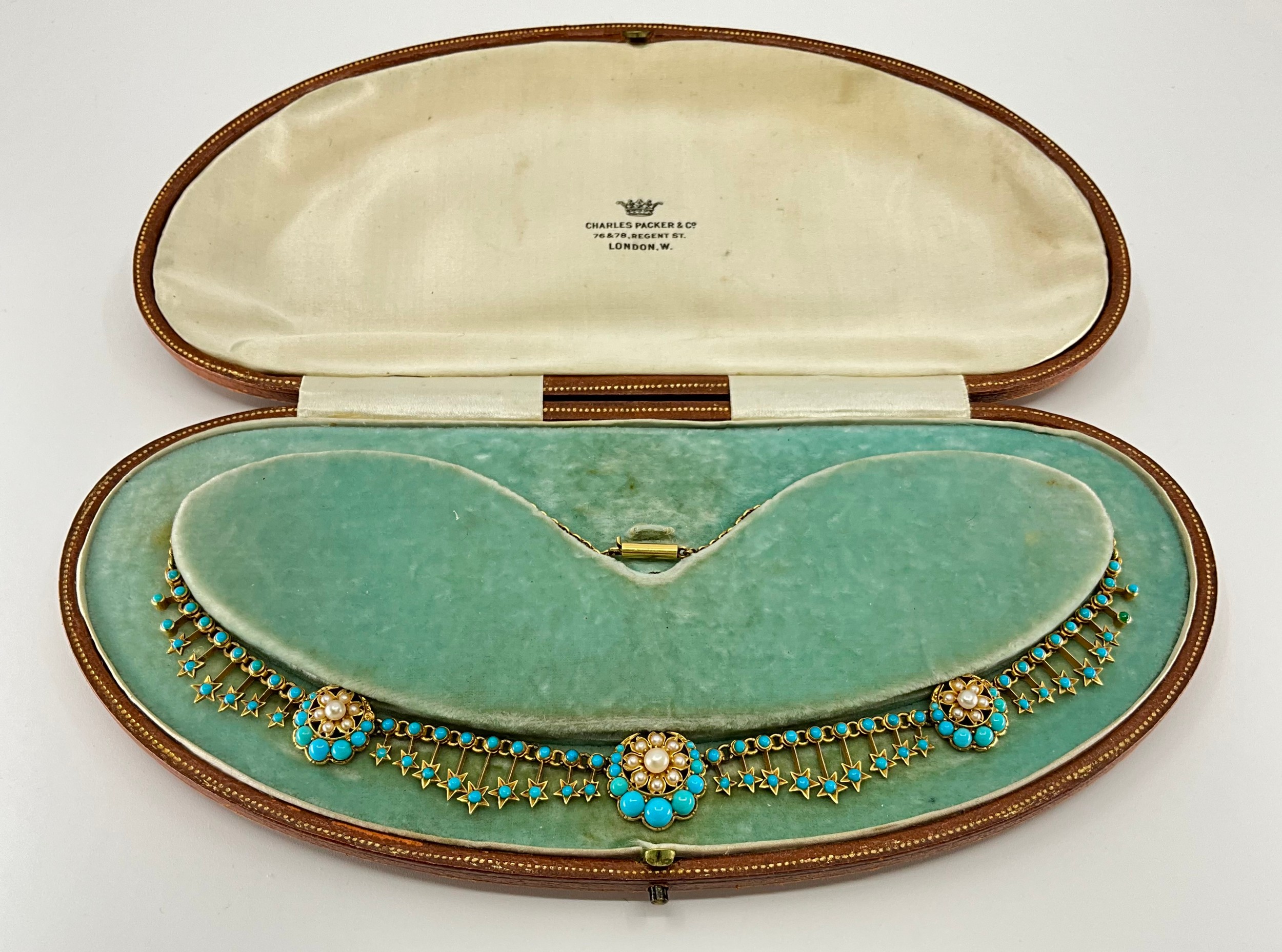 A Victorian 14ct-18ct gold turquoise and seed pearl necklace