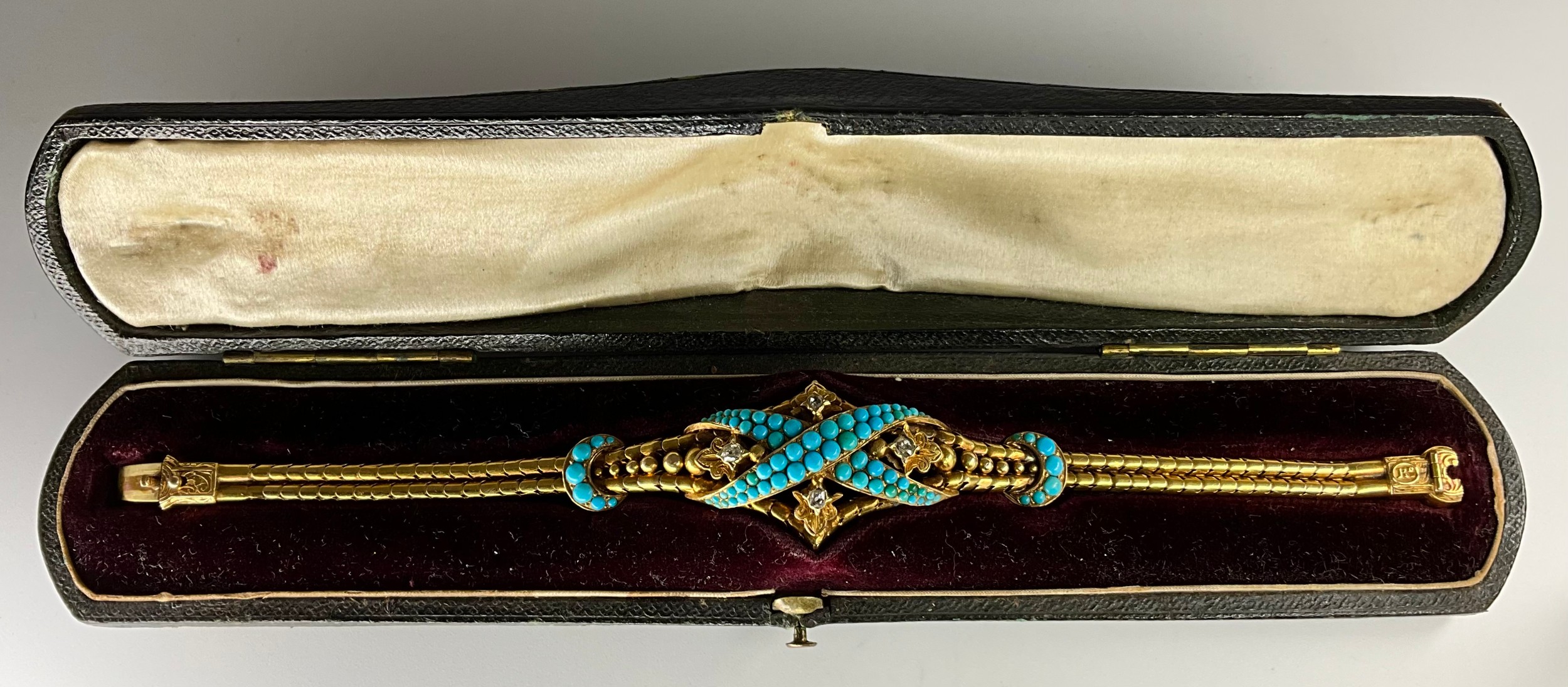 A Victorian tested 14ct-18ct gold turquoise and diamond set mourning bracelet