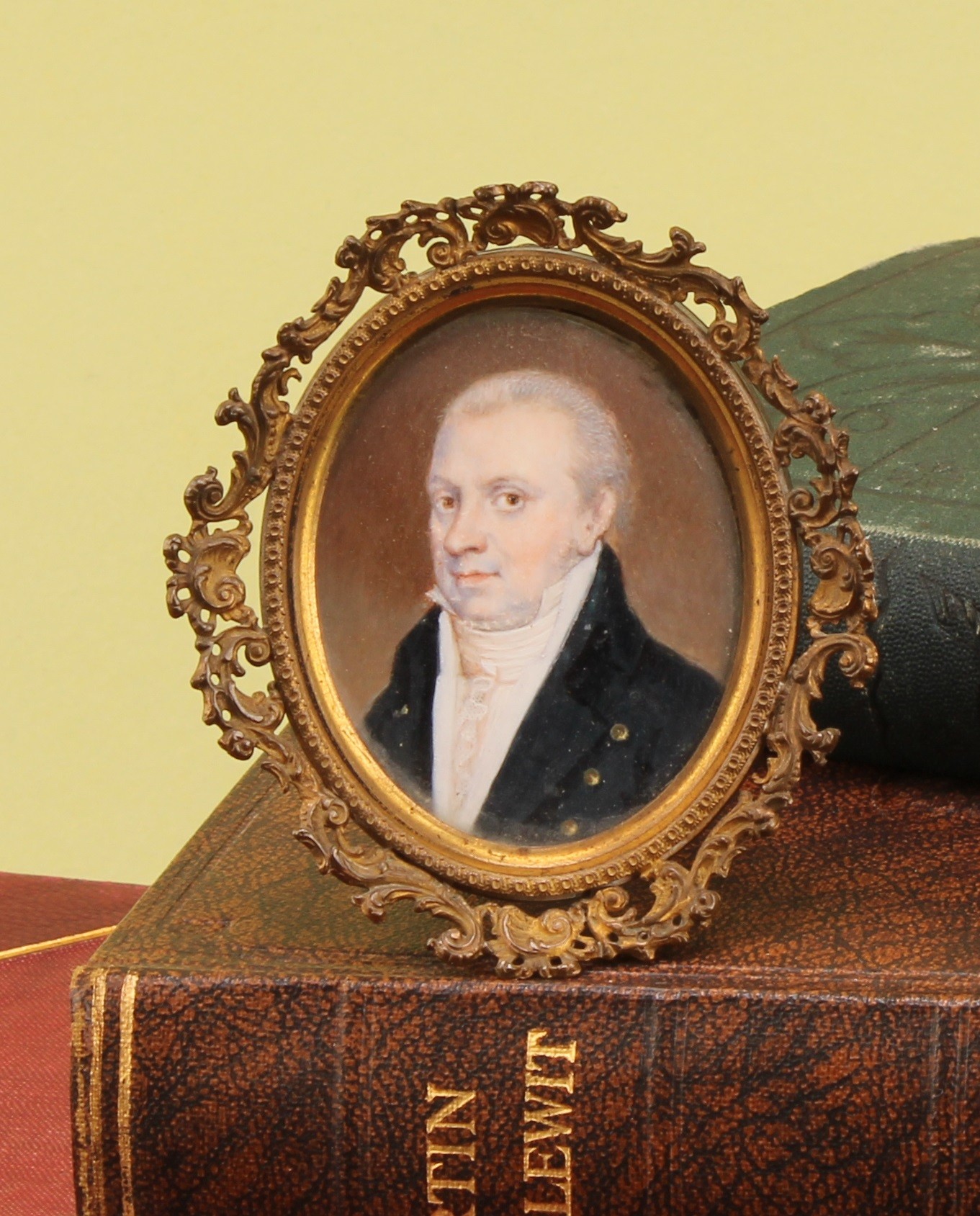 English School (19th century), a portrait miniature, bust length of a distinguished gentleman, watercolour on ivory, oval, 5.5cm x 4.5cm  Ivory Submission Reference 7FGMF6J2