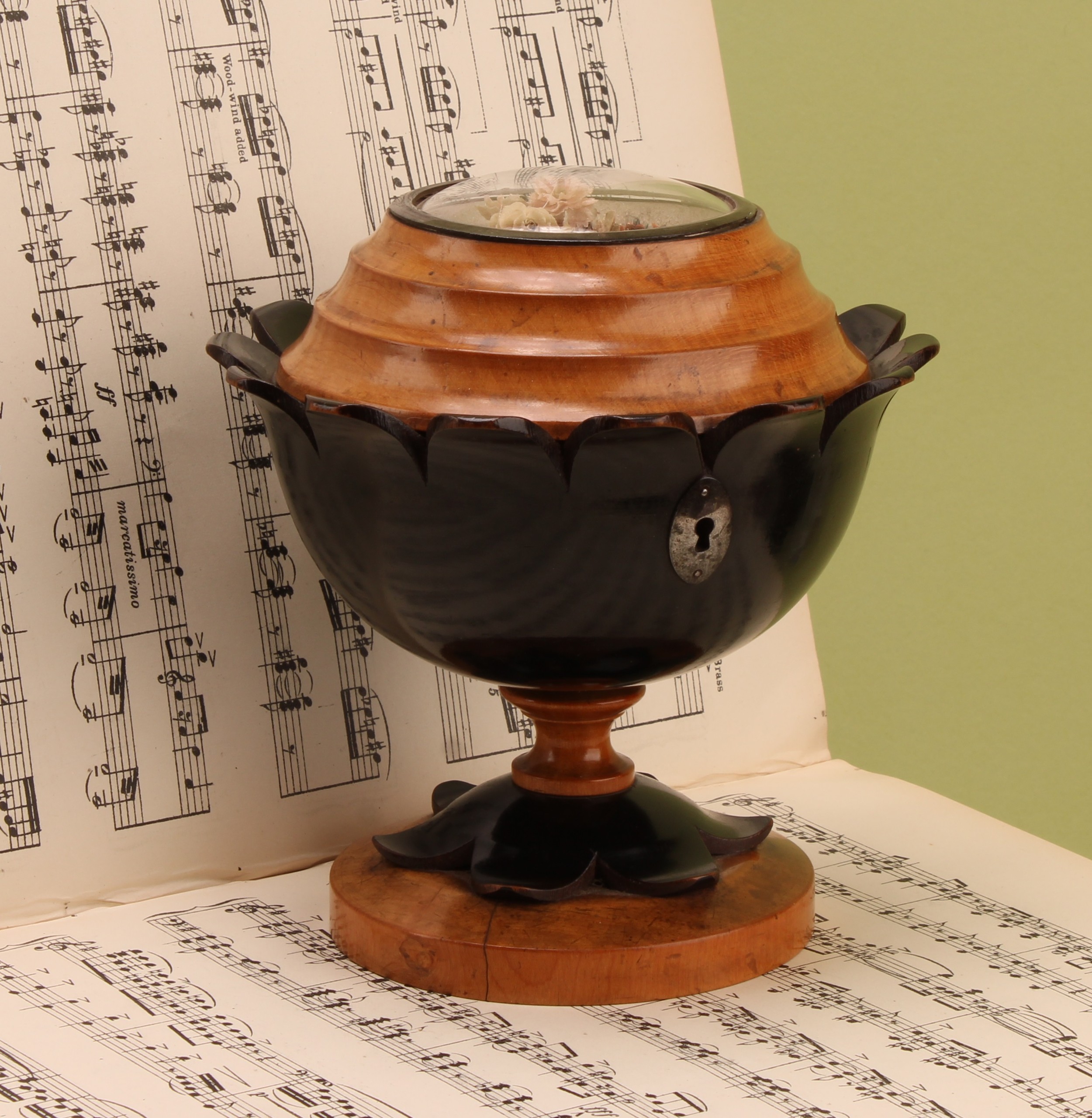 An early 19th century fruitwood and ebonised pedestal tea caddy, hinged cover set with a silk diorama depicting a spray of flowers, surmounted by a beetle, petal shaped rim and socle, circular base, 16.5cm high