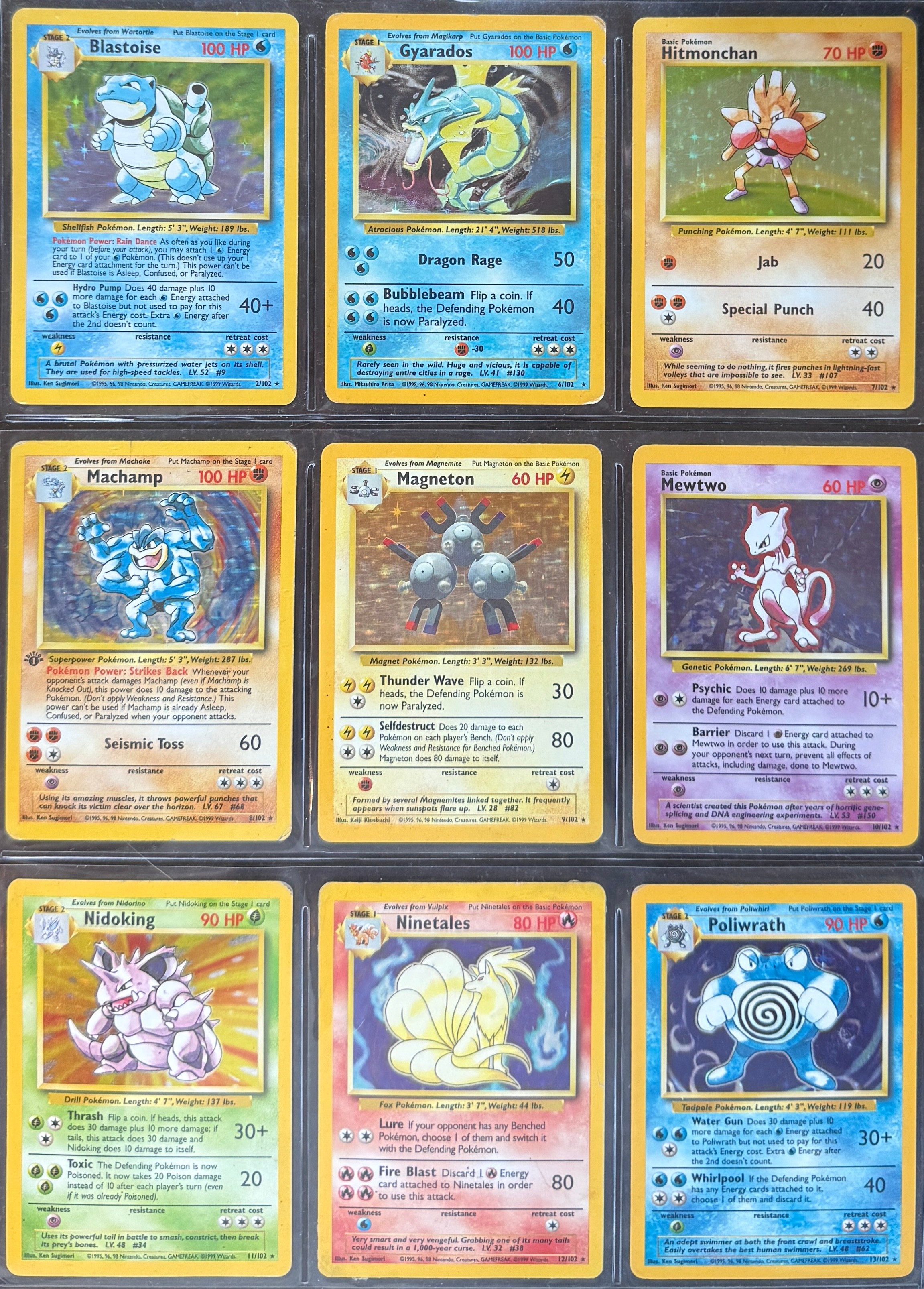 Pokémon TCG - 19 base set holo cards including 2/102 Blastoise, 3/102 Chansey, 6/102 Gyardaos, 7/102 Hitmonchan, 8/102 Machamp, 9/102 Magneton, 10/102 Hitmonchan, 11/102 Nidoking, 12/102 Ninetales, 13/102 Poliwrath, 14/102 Raichu, 15/102 Venusaur (19)