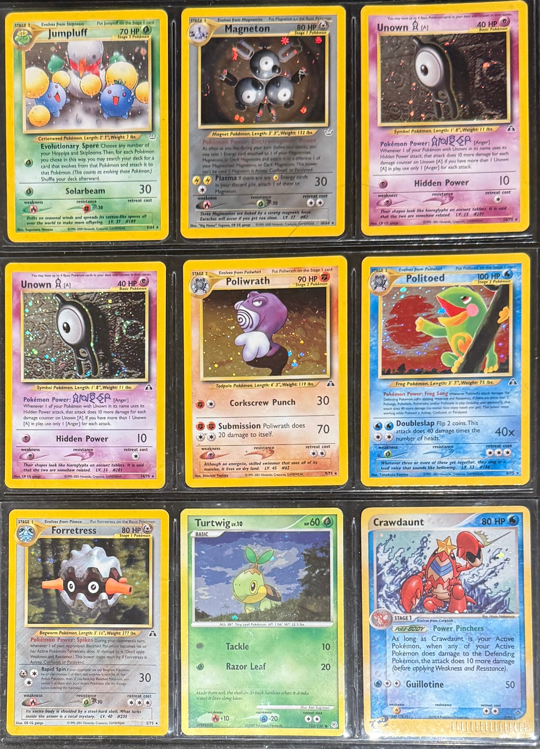 Pokémon TCG - 2 neo revelation set holo cards including 9/64 Jumpluff, 10/64 Magneton; 5 neo discovery holo cards including 2/75 Forretrees, 8/75 Politoed, 9/75 Poliwrath, 14/75 Unown, 14/75 Unown; 1 diamond & pearl set holo card, 103/130 Turtwig; 1 ex dragon set holo card, 3/97 Crawdaunt; 3 Ancient Mew promo cards; a quantity of neo revelation, neo discovery, diamond & pearl, ex dragon, gym heroes and promo set cards (qty)