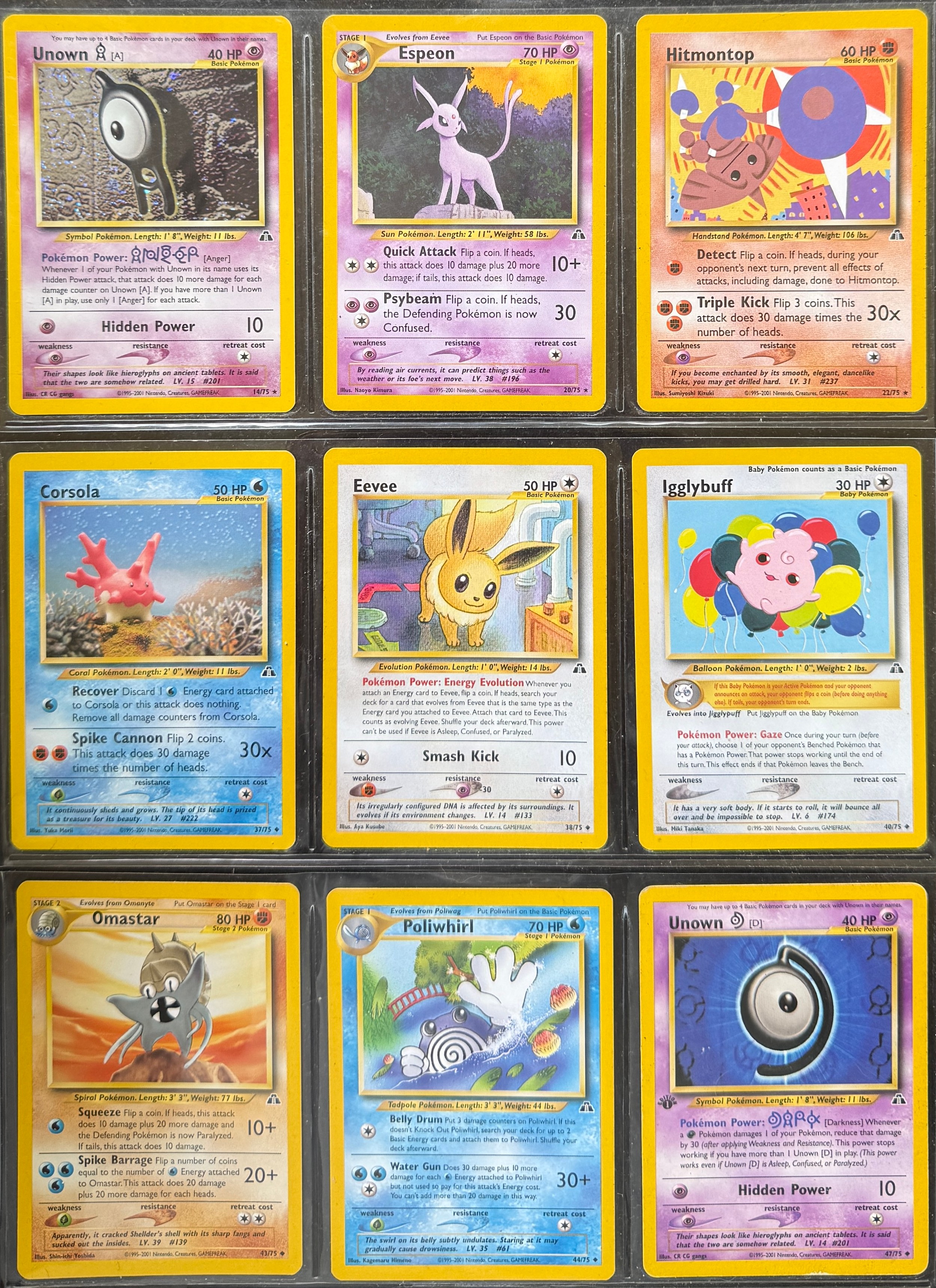 Pokémon TCG - a neo discovery set holo card, 14/75 Unown; large quantity of base set, jungle set, fossil set, gym challenge set, base set 2, team rocket set, neo genesis set, legendary set and neo discovery set cards including Pokémon, energy and trainer cards; pocket monsters cards (approximately 1150 cards) (170 Pokémon, 70 trainer and 199 energy base set cards, 130 Pokémon and 6 trainer jungle cards, 20 base 2 set cards, 38 fossil set cards, 120 gym challenge set cards etc)