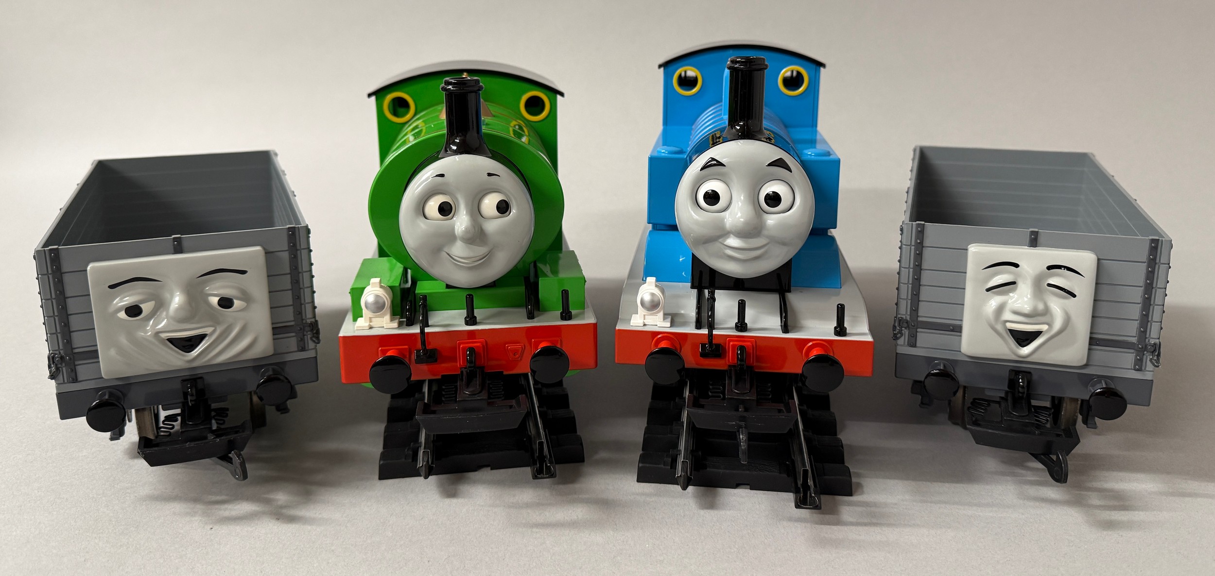 Bachmann model railways - 90068, Thomas & Friends, '1' Thomas the Tank Engine locomotive, G gauge, unboxed; 90069, Percy and the Troublesome Trucks part train set, G gauge, unboxed; 76092, Emily's coach, 4-wheel passenger car, G gauge, unboxed; another; track, speed regulator etc (qty)