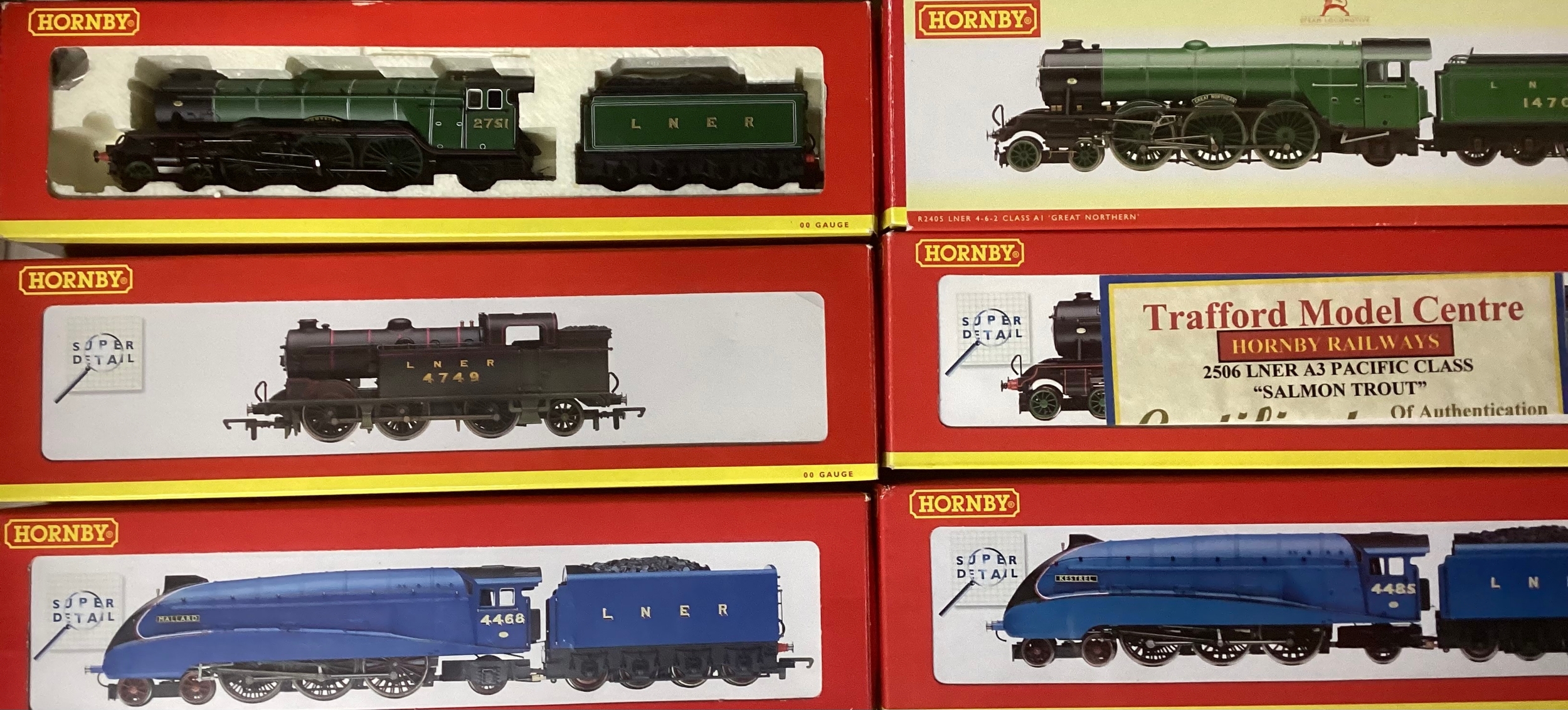 Hornby Model Railway interest ; to include boxed R2251 weathered 4749, R2265 Humorist, R2405 Great Northern, LNER pacific Class Salmon Trout, R2154 4485 Kestrel and a R2059 Mallard Class A4 00 Gauge and boxed. (6)