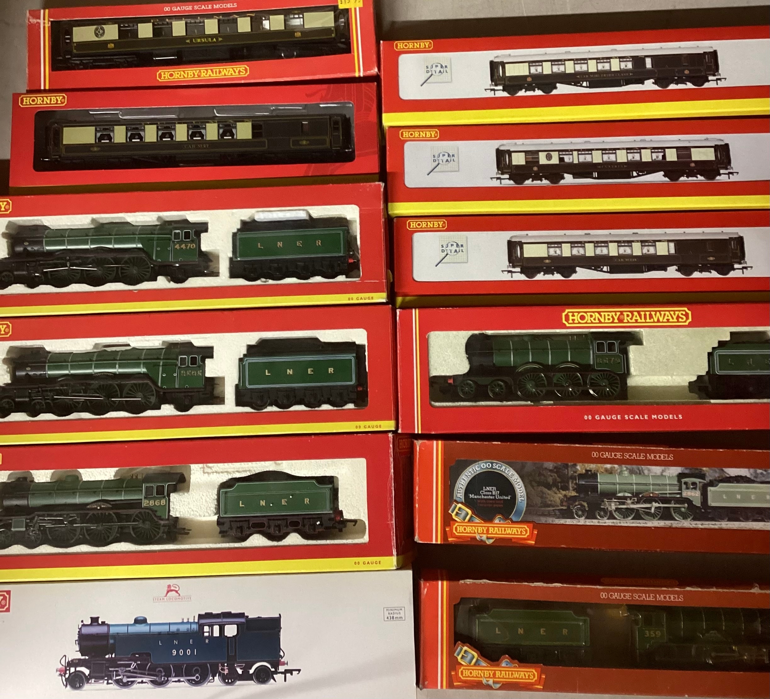 Hornby Model Railway interest ; R284 LNER set, LNER Great Northern set, LNER Bradford City set 2868( special edition), R2103 Cameroonian, R2912 Thompson LNER, R223 Pullman parlour car, R4430 Pullman 3rd brake, , Pullman 3rd class, Pullman 1st class Kitchen Car, Pullman 2nd class brake, R053 Manchester Utd,R689 The fitzwilliam ( 12 boxes as shown)