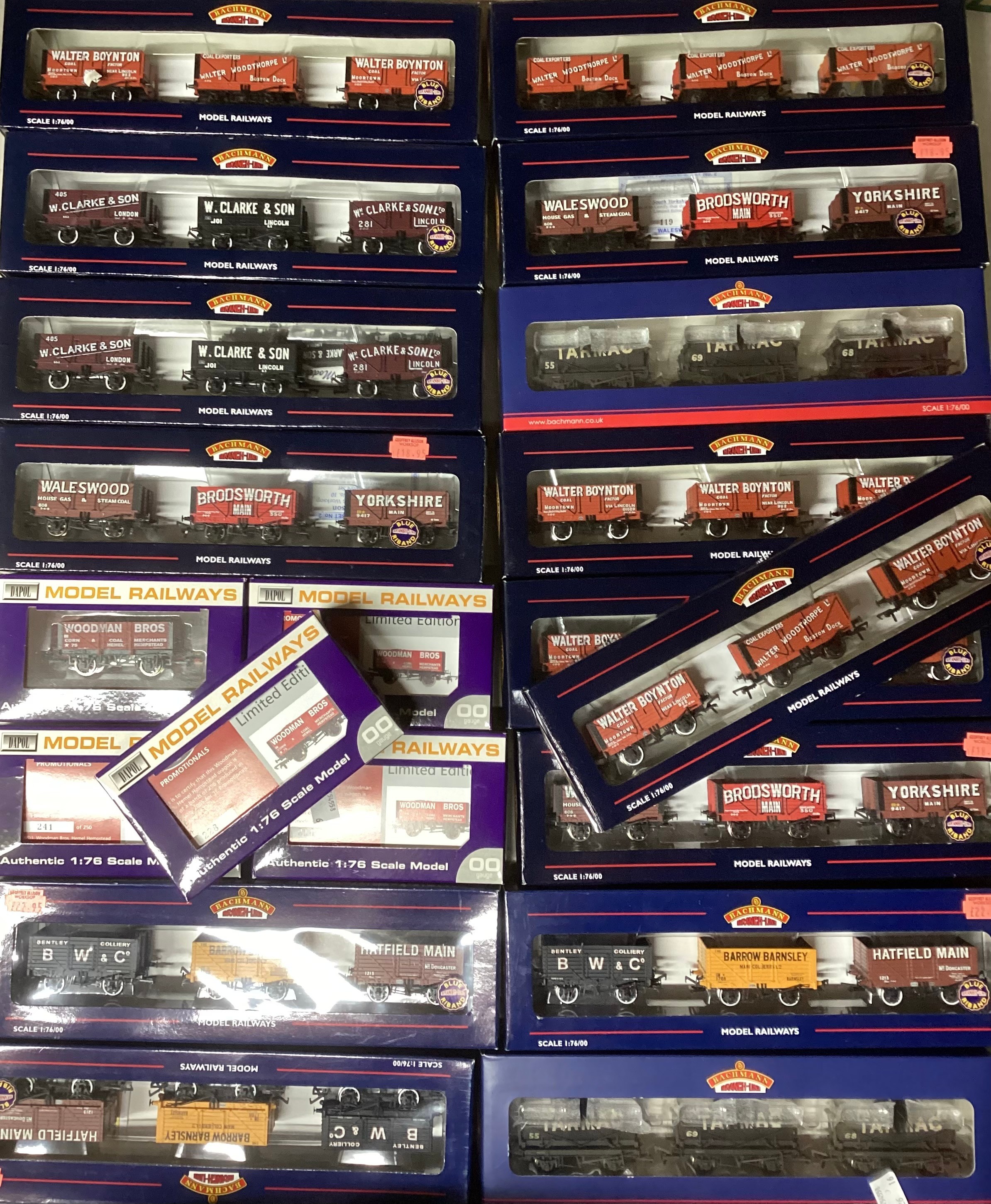 Dapol and Bachmann model railway interest ;Large selection of boxed Bachmann  wagon groups  OO gauge rolling stock - limited editions, Woodman Bros Hemel Hempstead batch produced February 2005 for 1E promotions, ( large box)