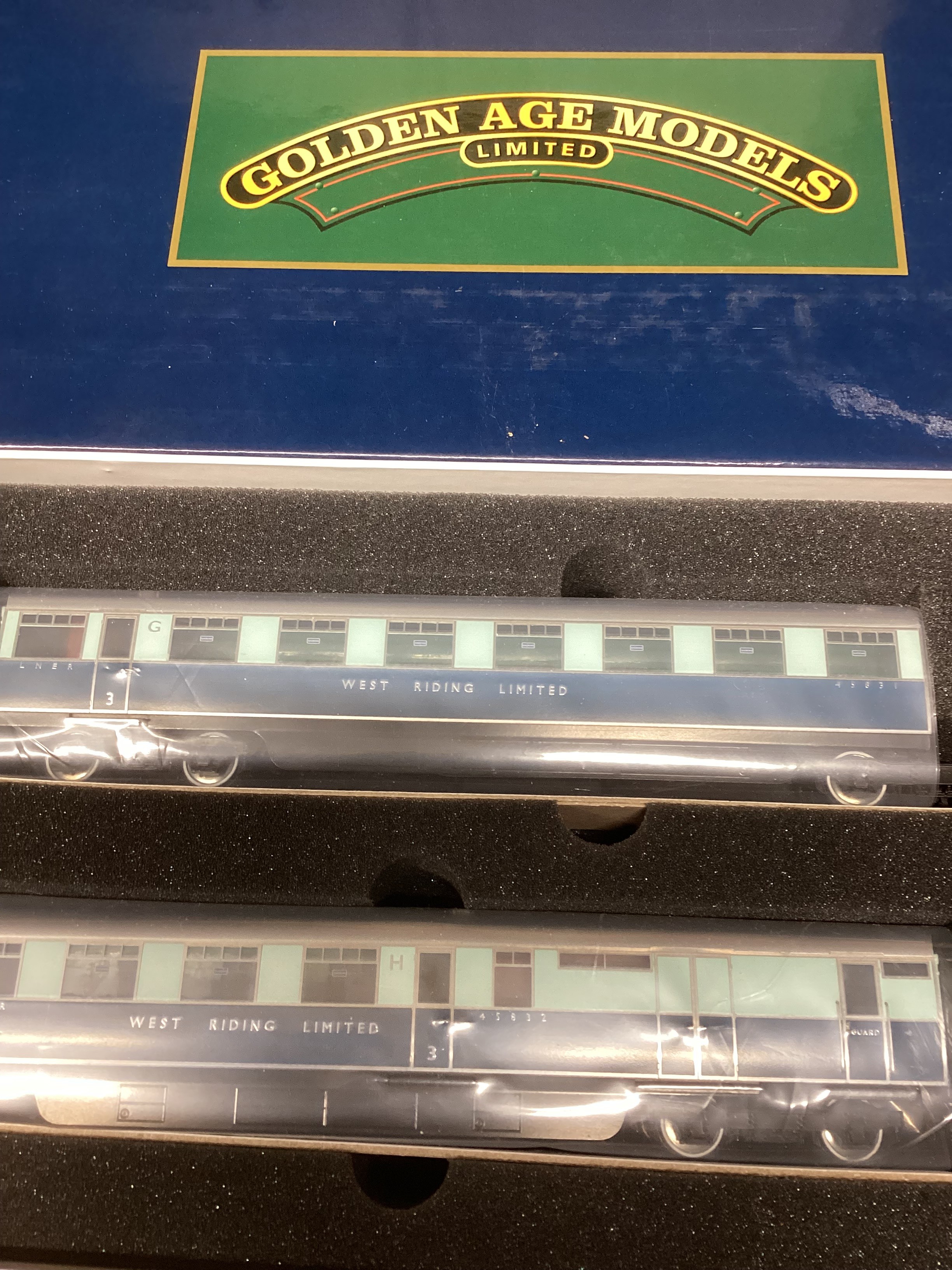 A Golden Age Models OO gauge Special carriages pair, in LNER two tone blue, West Riding Limited, 45831/45832, boxed as new.