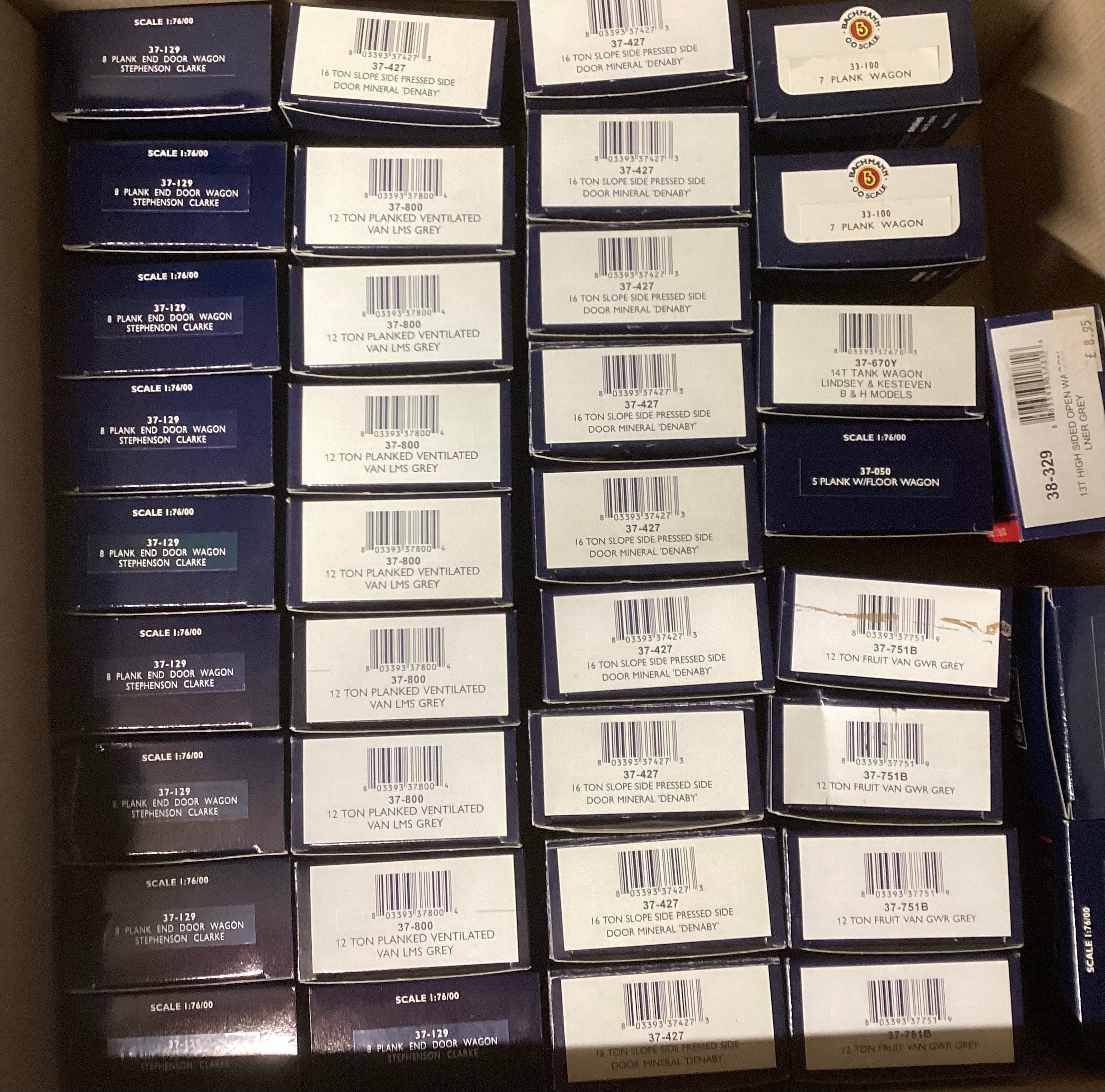 Bachmann OO gauge Rolling stock -to include tank Traffic classics and a large selection of all boxed Vans and tanks from Bachmann -please see images of box ends for variety of wagons and content. 38 smaller boxes and 5 triple sets of tanks-all boxed