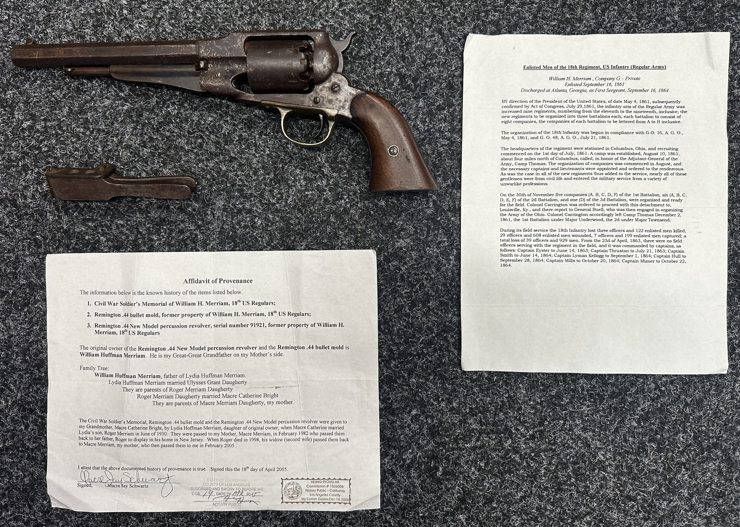 US Civil War Provenanced Remington Percussion Cap .44 Cal New Model Revolver serial number 91921 with 200 mm long barrel. Maker marked "Patented Sept 14th 1858 E Remington & Sons, Ilion New York US, New Model". Working action which holds at both full and half cock. Overall length 345mm. Plus original .44 cal bullet mould  that came with the gun, unmarked, together with signed Affidavit paperwork regarding provenance to First Sgt William H Merriam, Company G 18th Regiment US Infantry. Also included in the sale is a large printed War Record of his service. Size 76cm x 51cm. NOTE: Section 58 (2) No licence required in the UK.