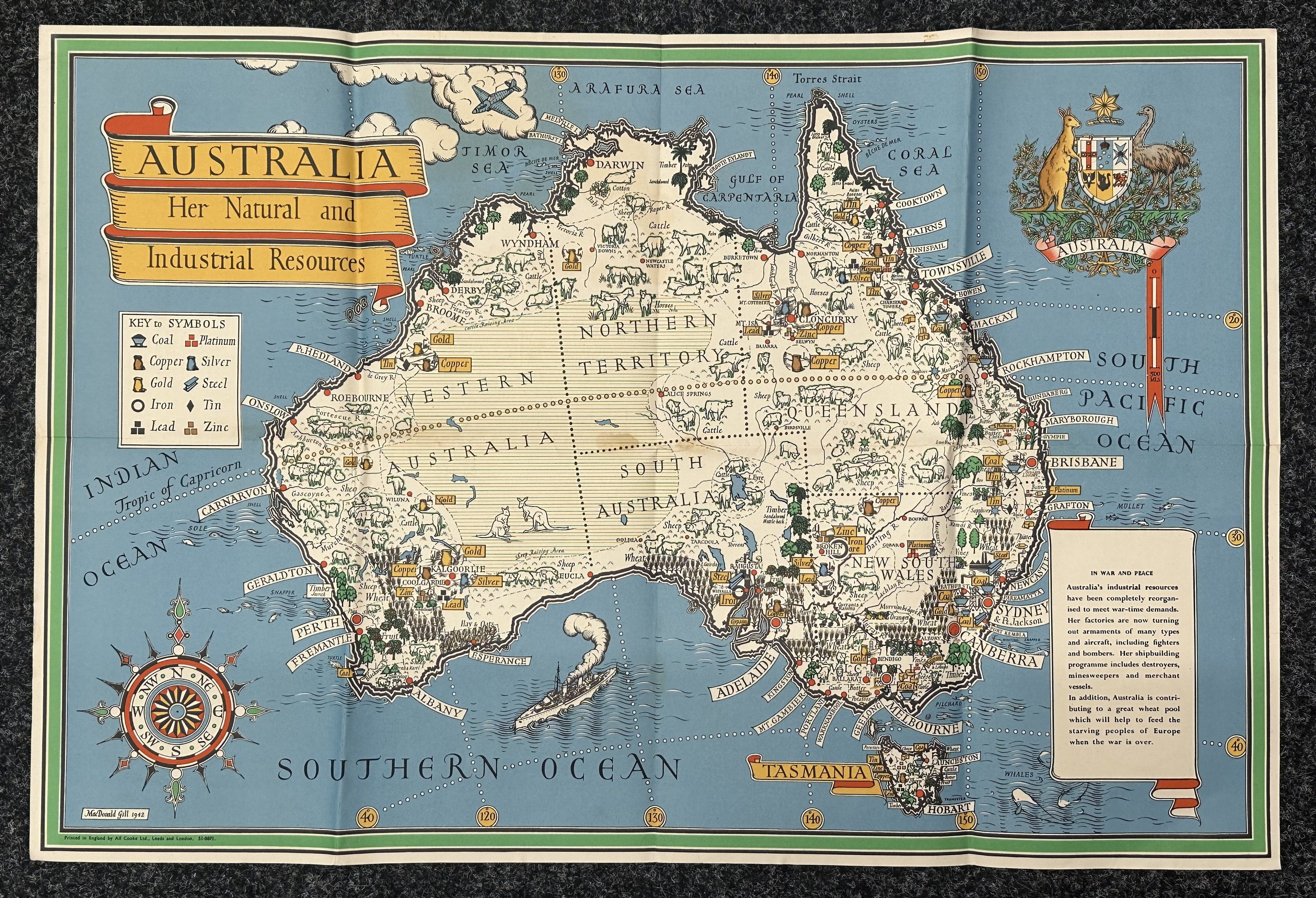 WW2 British Commonweath Poster "Australia and her Natural and Industrial Resources". 1942. Printed by Alf Cooke Ltd London & Leeds. Size 75cm x 50cm.