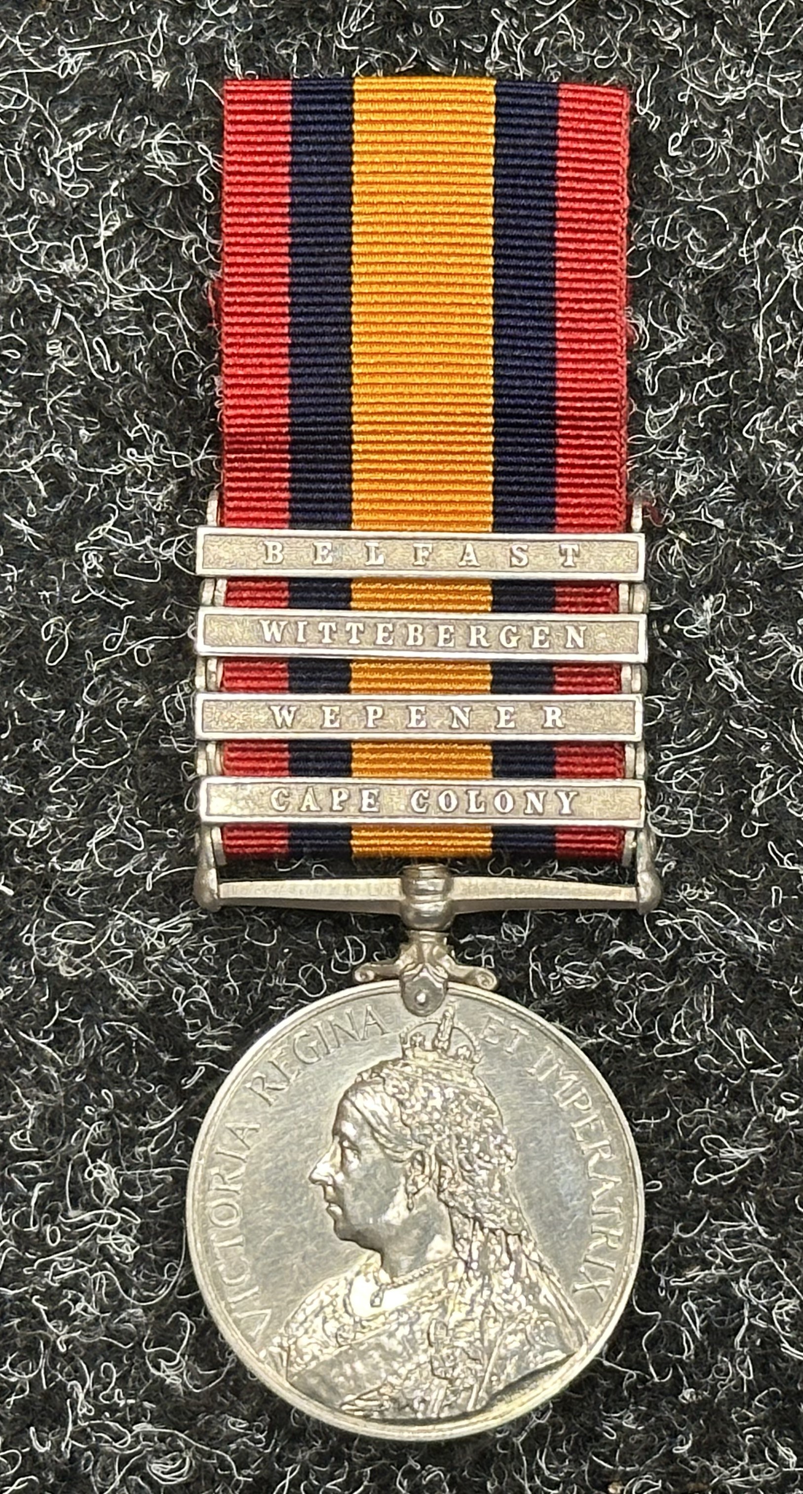 Victorian Queens South Africa Medal with Belfast, Wittebergen, Wepener and Cape Colony Clasps to "478 Tpr A Fowler, Brabants Horse". Complete with ribbon.