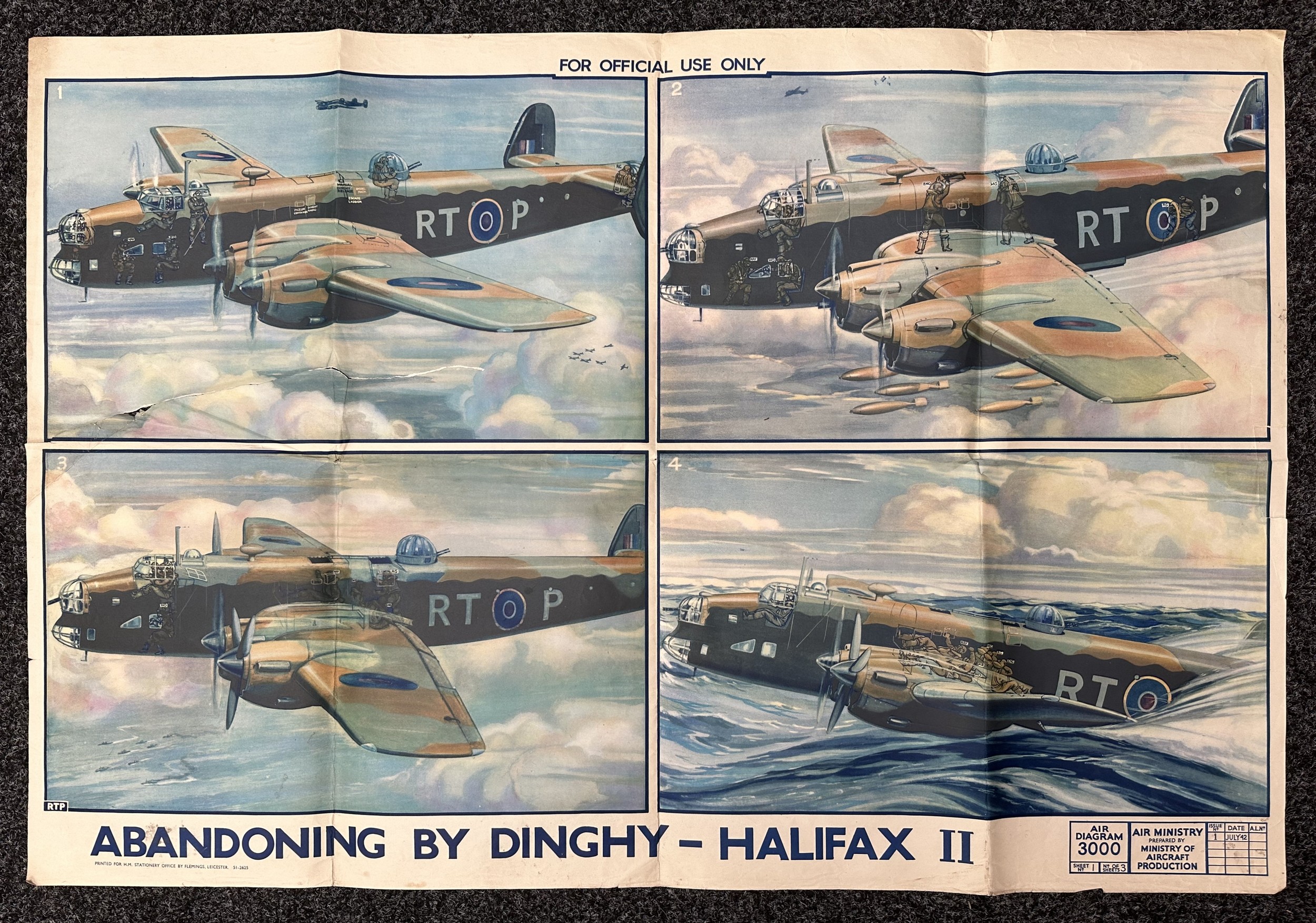 WW2 British RAF Training Poster "Abandoning By Dinghy - Halifax II". July 1942. Size 68cm x 100cm. Printed for HM Stationary Office by Flemings, Leicester.