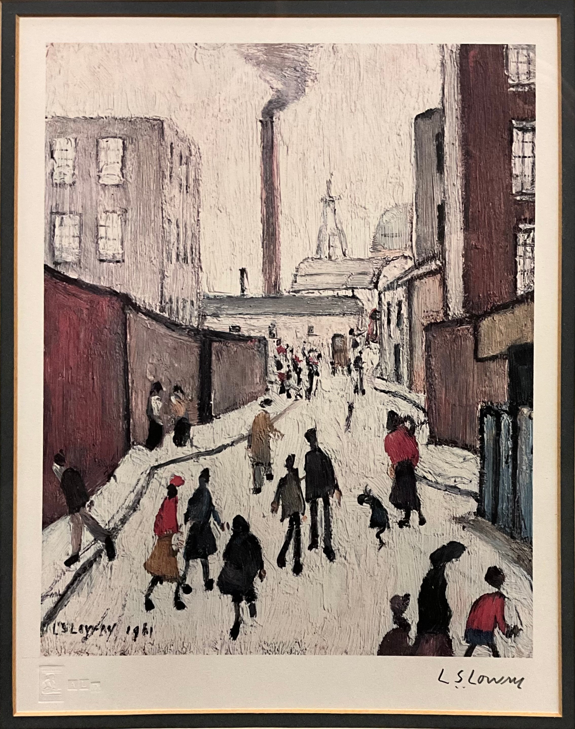 Lawrence Stephen Lowry (1887-1976), by and after, Street Scene, 1961, signed in pencil lower right margin, blind proof stamped Fine art guild, ‘ALD’ lower left, colour lithograph, 25.5cm x 20cm. ARR apply to this lot.