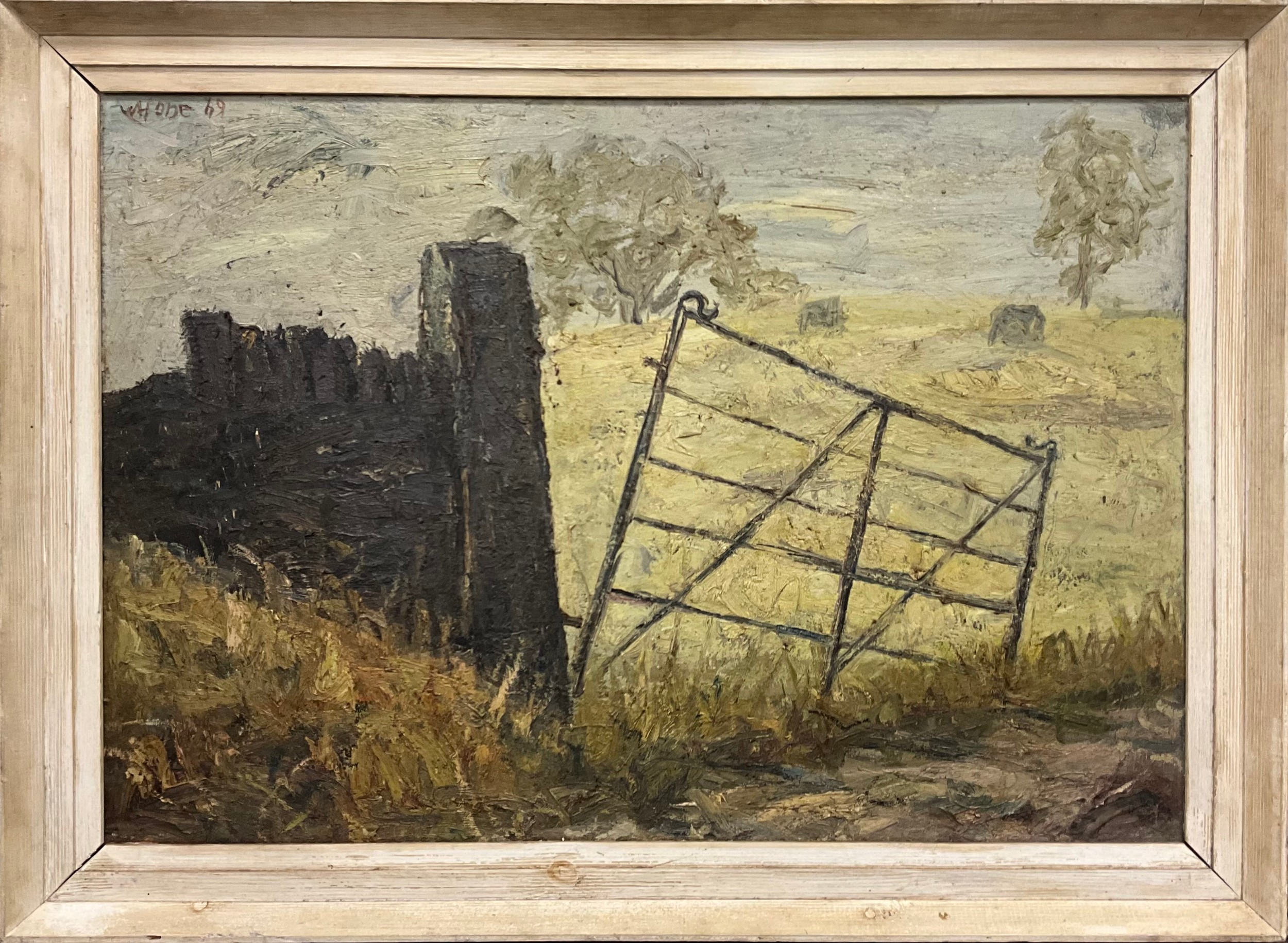 Herbert Bannister Whone (Northern British, 1925-2011)  Hayfield Gate  signed, dated 69, oil on board, 55.5cm x 80cm.