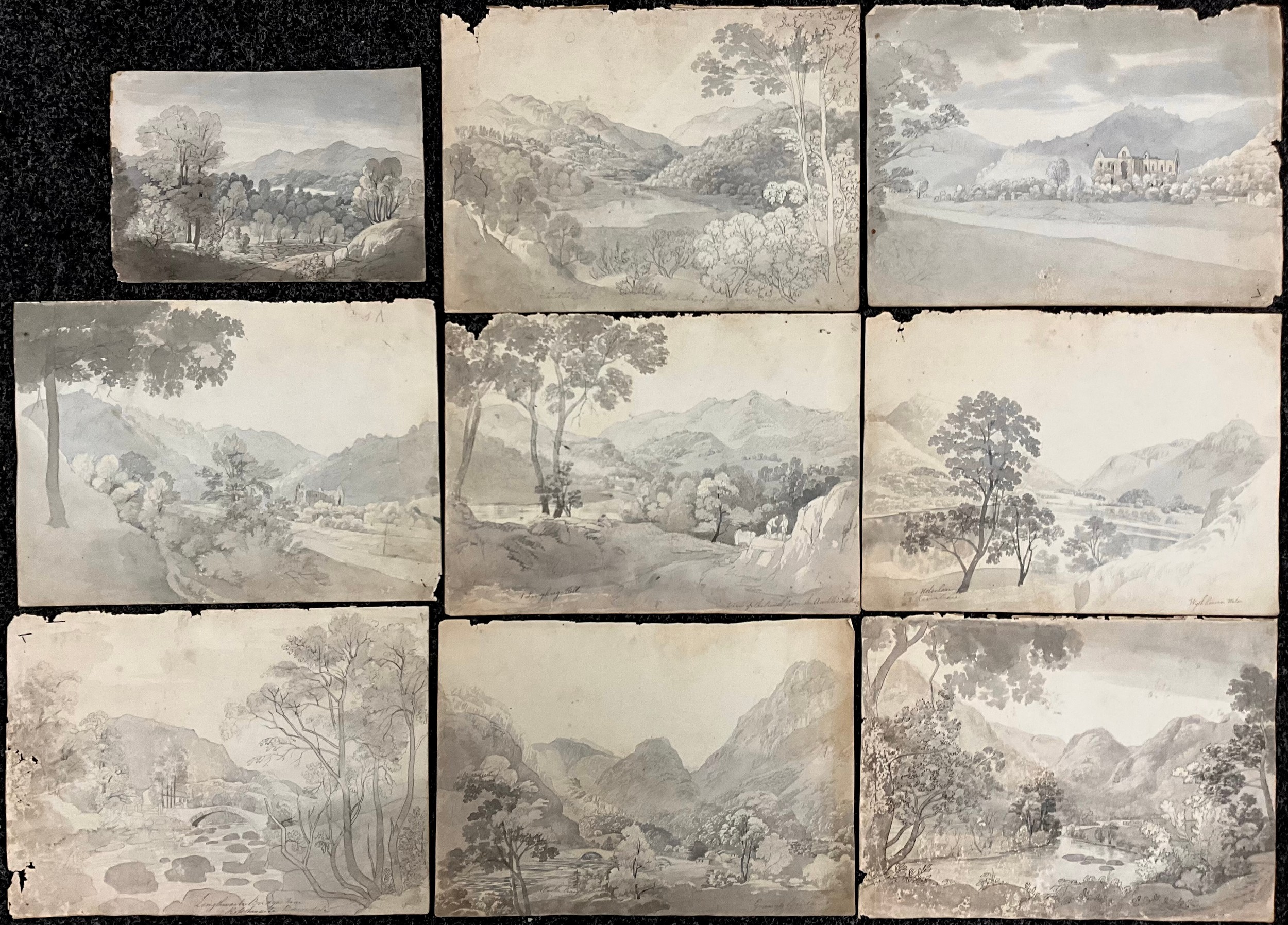 A folio of Grisaille watercolour working sketches, mostly Lakeland scenes, in the style of William Heaton Cooper, some with annotations indicating location, and with directions for later studio painting, eight measuring 26cm x 36cm, and one 18cm x 26.5cm, (9).