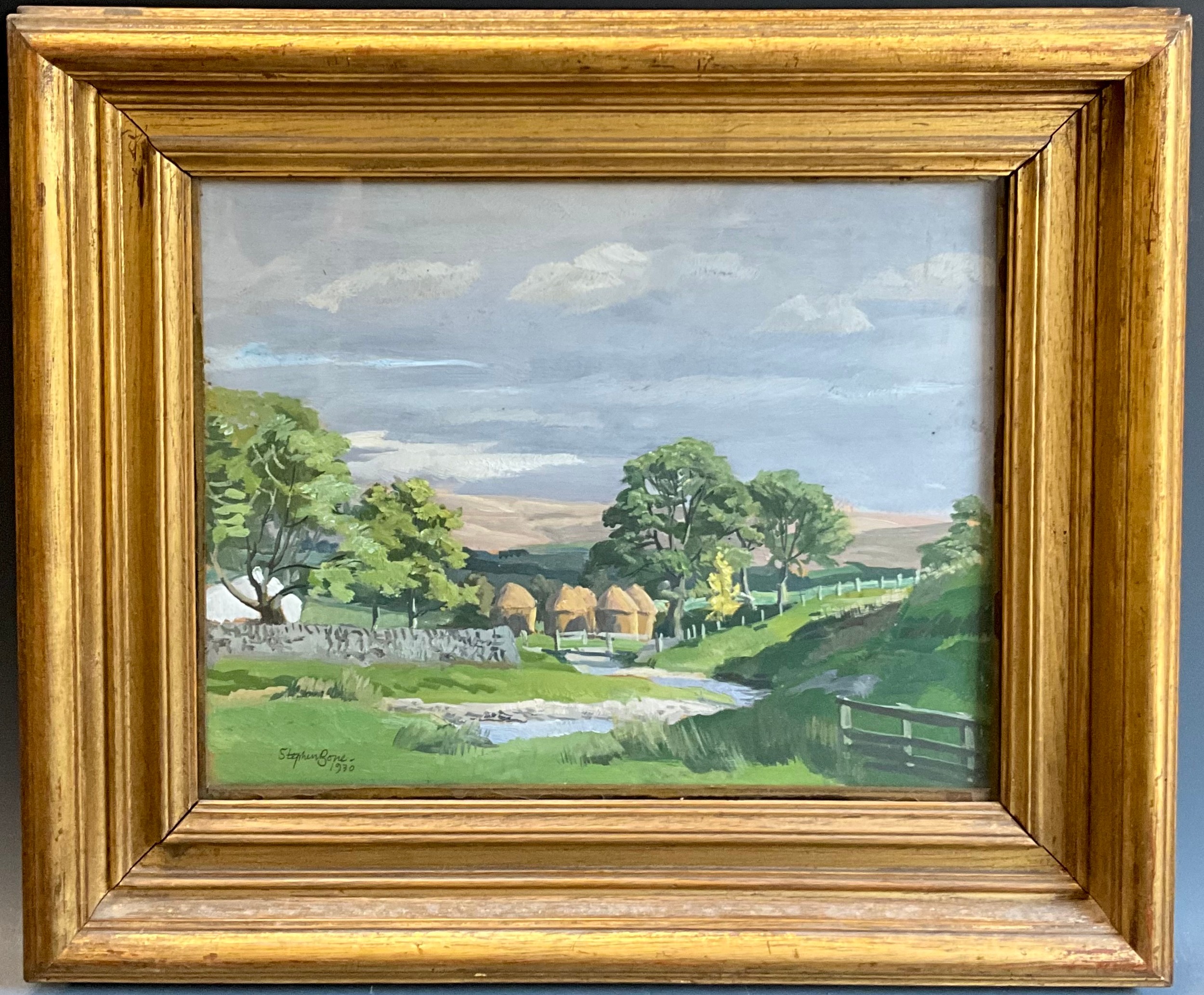 Stephen Bone (British, 1904-1958)  Hayricks, late summer  signed , dated 1930, oil on board, 27cm x 35cm.