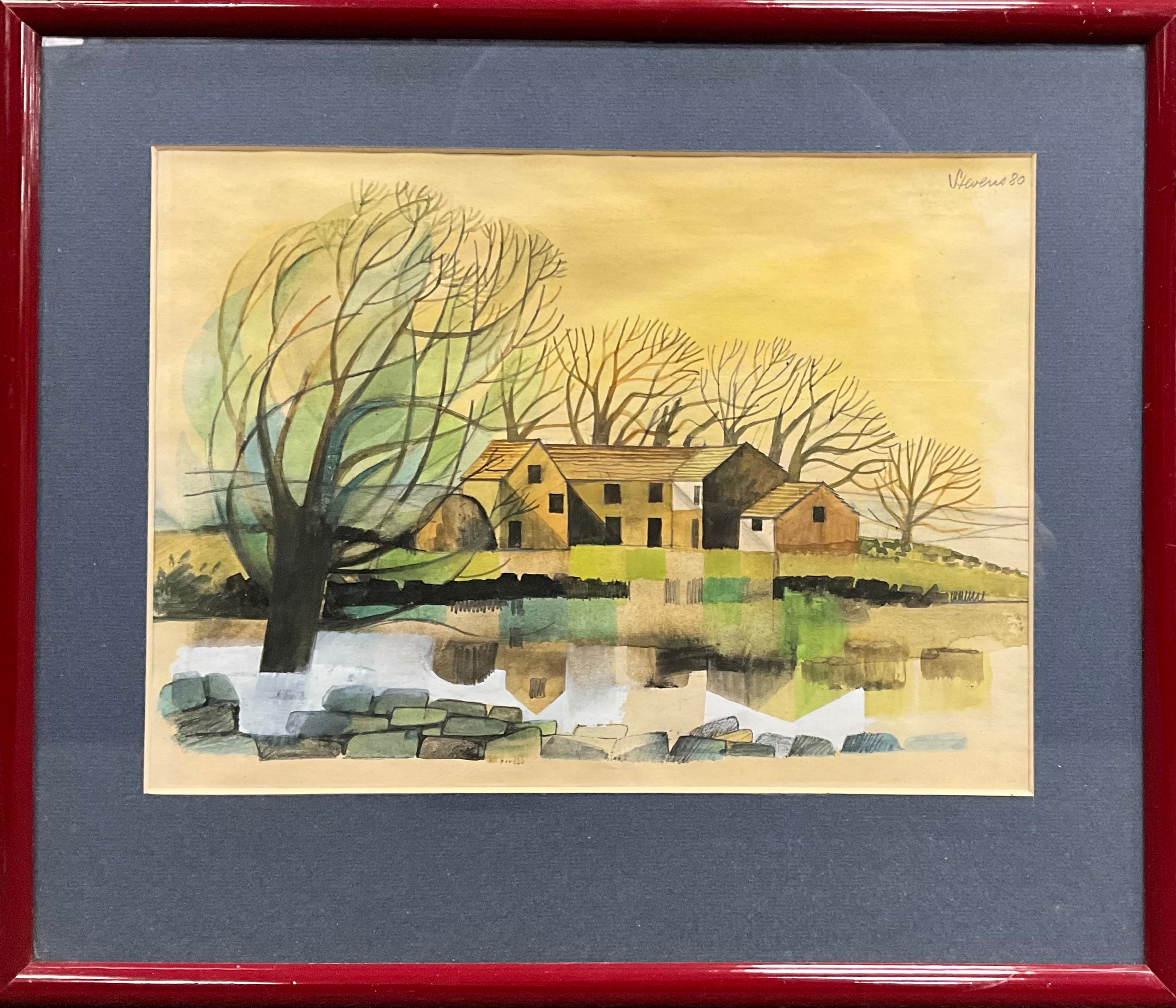 Harry Stevens (1919-2008)  Pond side farmhouse with willows and reflections,  signed, watercolour, 23cm x 31cm.