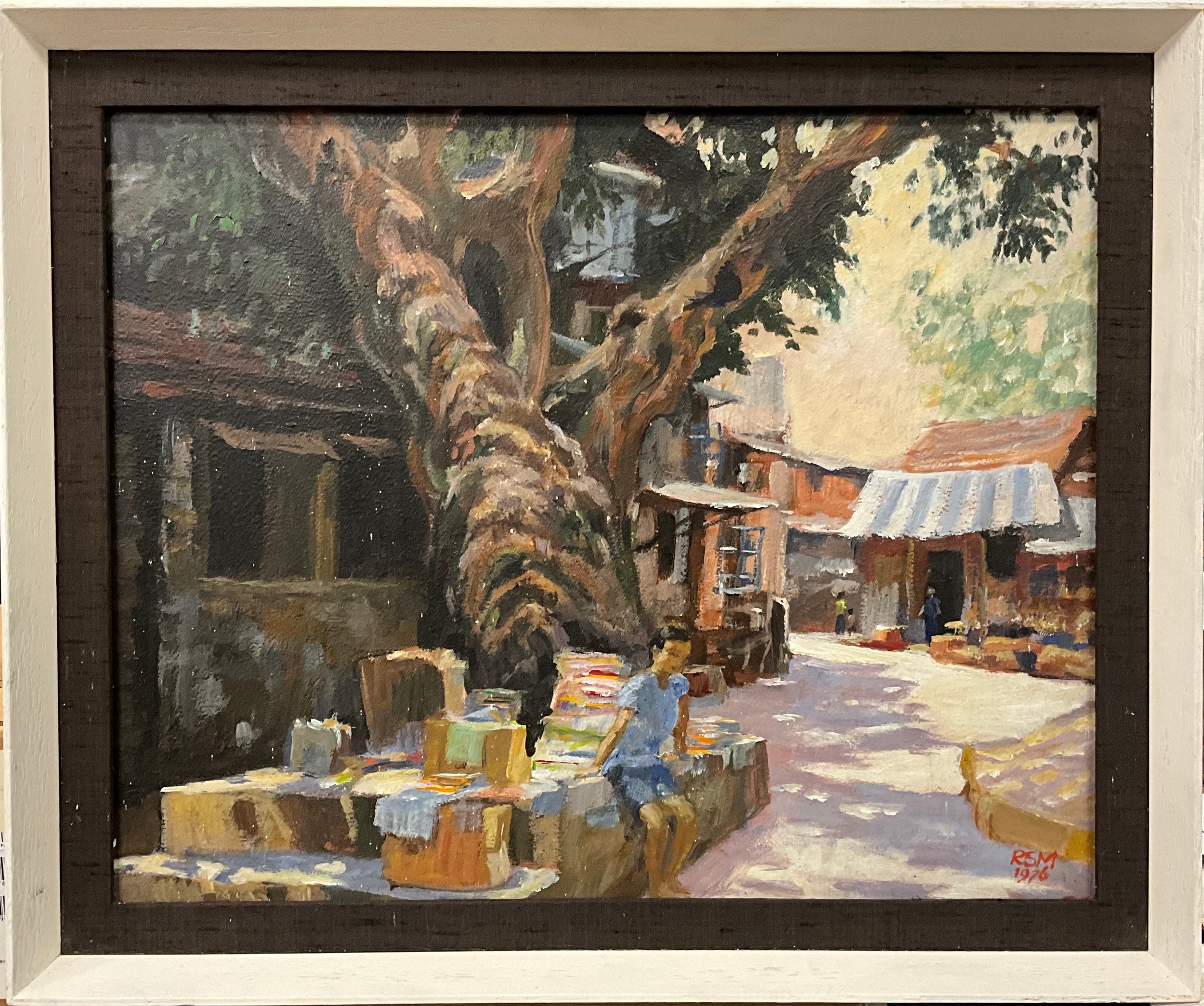 Raymond Spencer Millard (1920-1997)  Hong Kong, The Street Vendor,  signed, dated 76, oil on board, 44cm x 55cm.