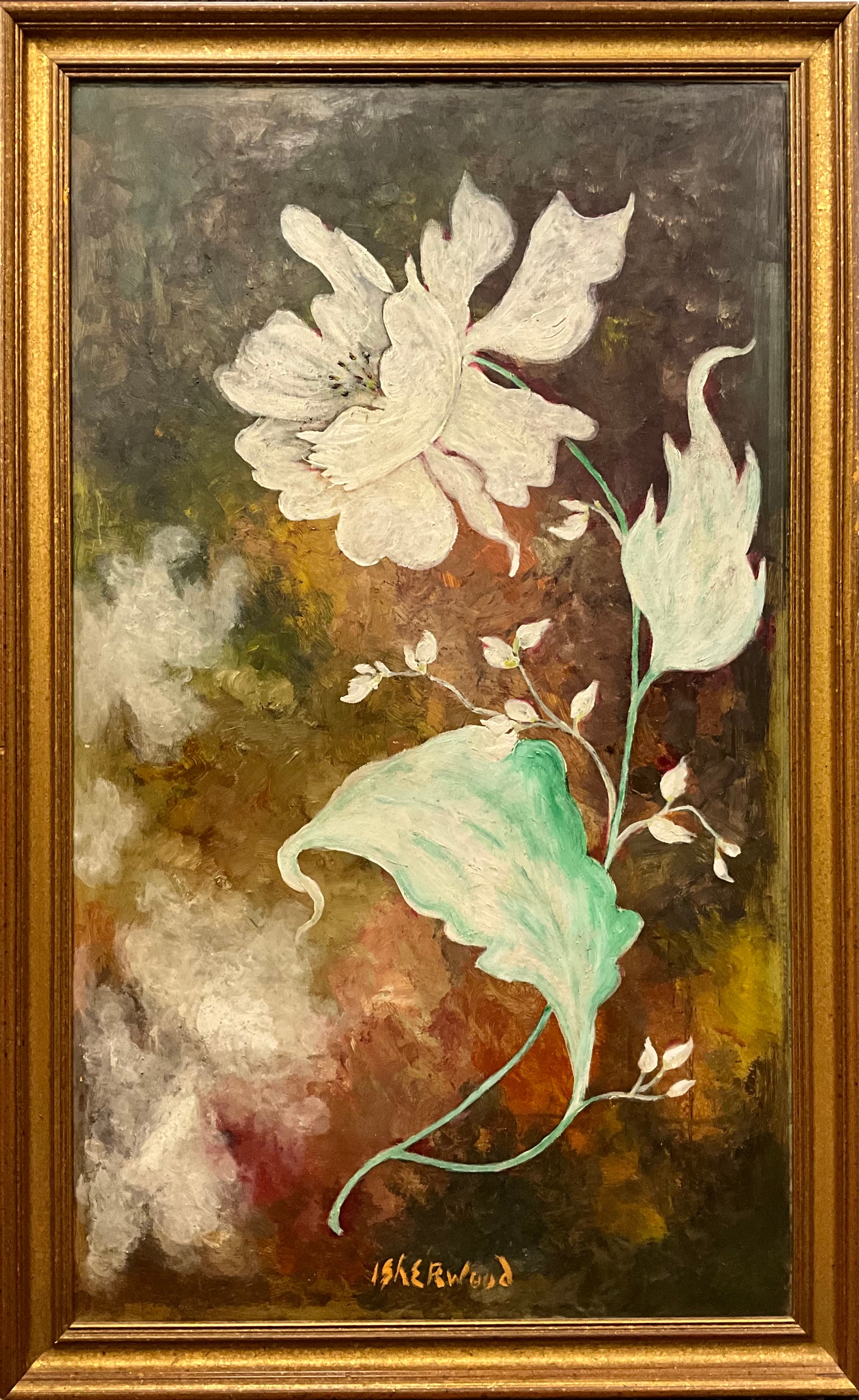 James Lawrence Isherwood (1917-1989), bearing signature, Floating White Flower  signed lower centre, measures approx. 105cm x 62.5cm including frame. From a private collector, and purchased as being by the signed artist. Further annotated to the back of the board.  ARR apply to this lot.