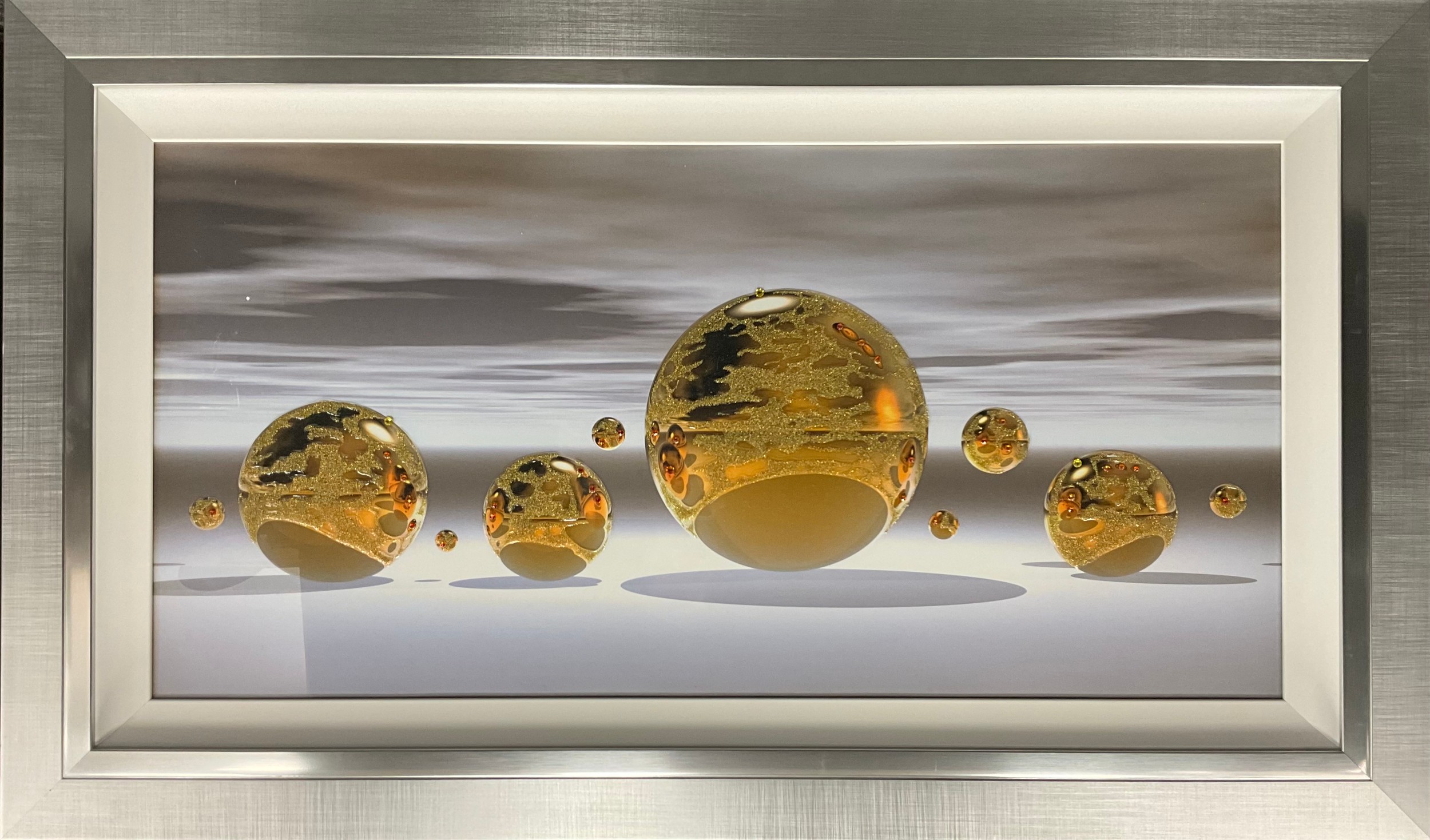 Golden Spheres Liquid Art, by Lee Longlands, with Swarovski crystal embellishments, 72cm x 122cm overall frame size.