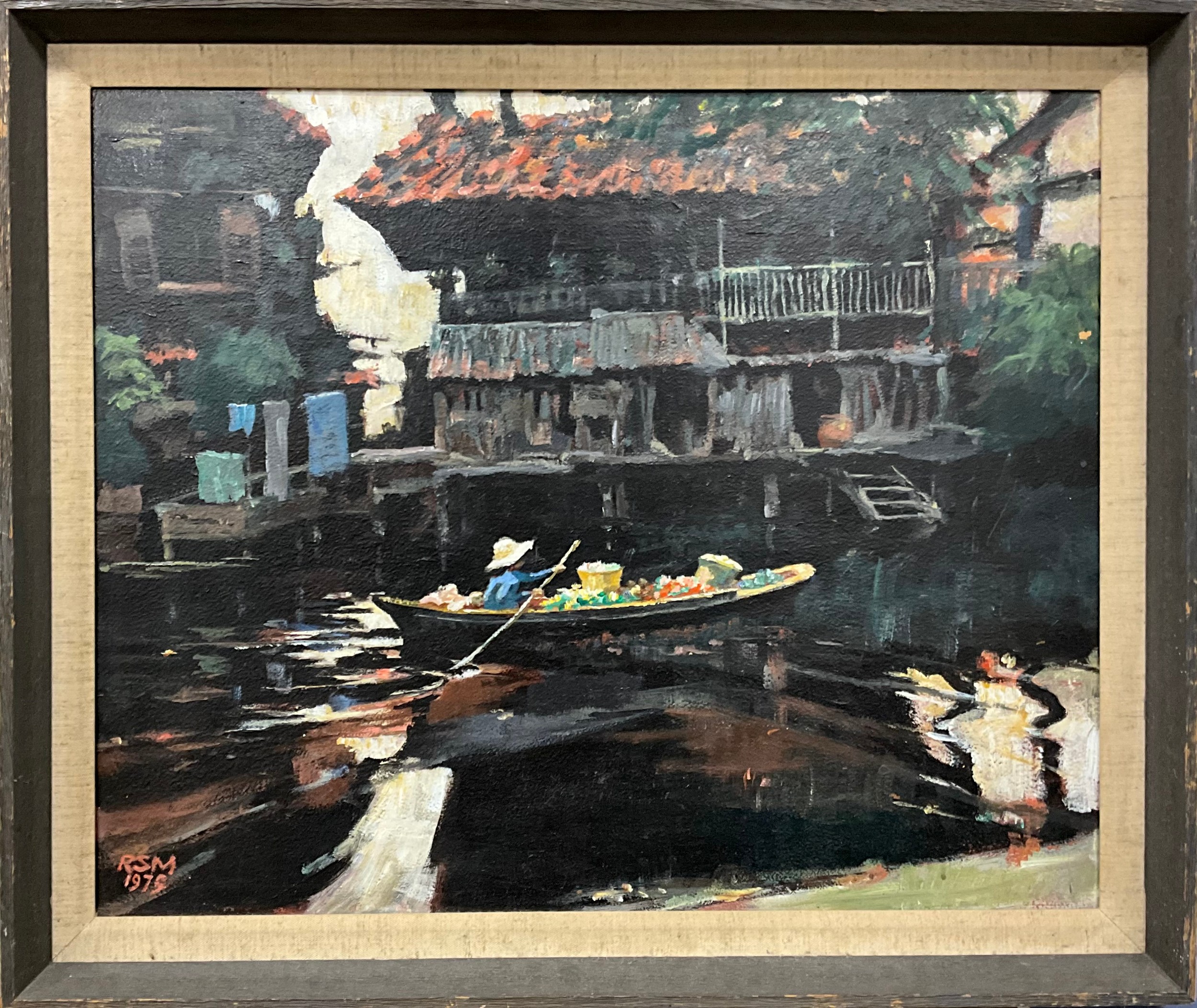 Raymond Spencer Millard (1920-1997)  Hong Kong Water Sellers Boat & Building,  signed, oil on board, 49cm x 59cm.