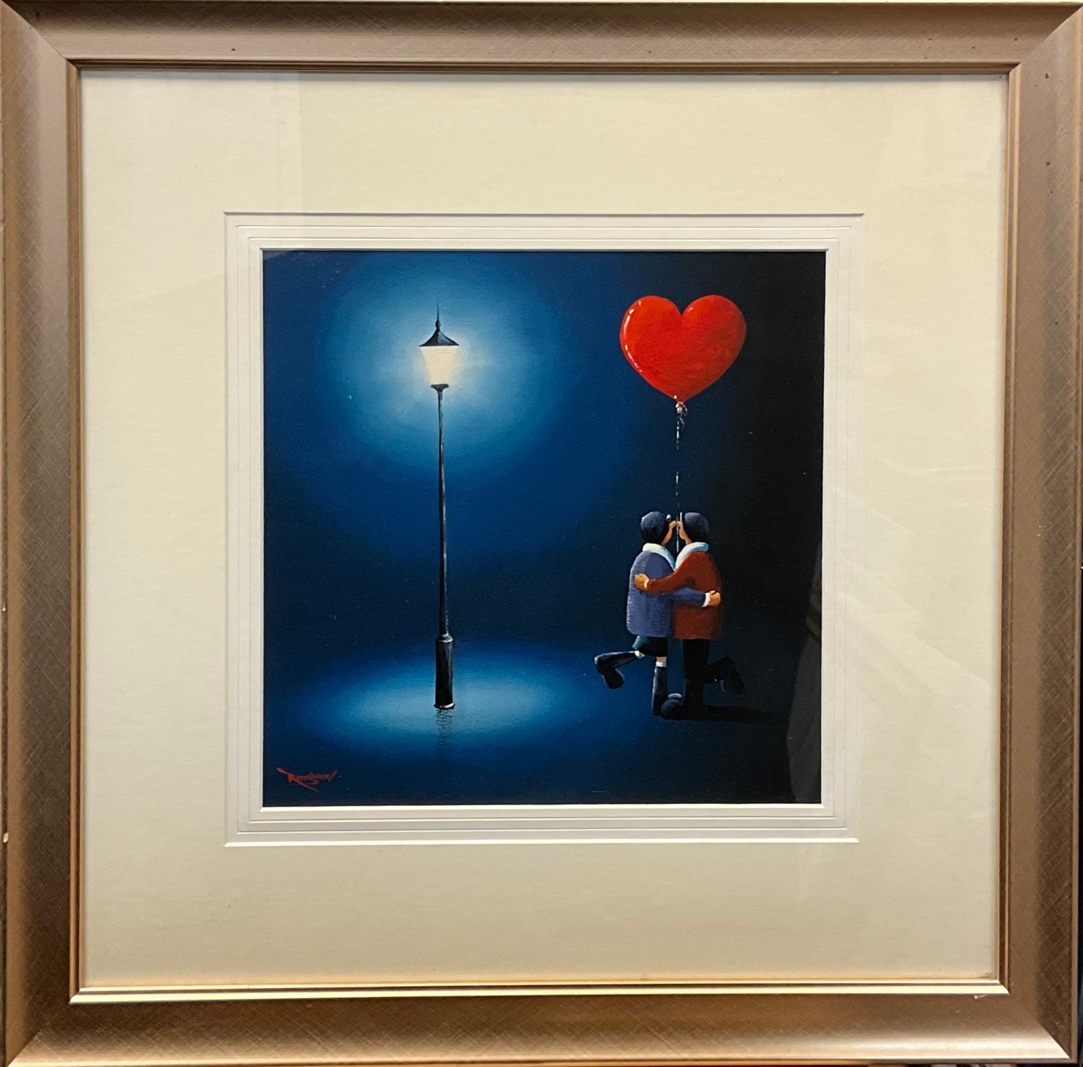 David Renshaw (British, bn. 1973)  Lamplit Lovers  signed, oil on board, 30cm x 30cm.